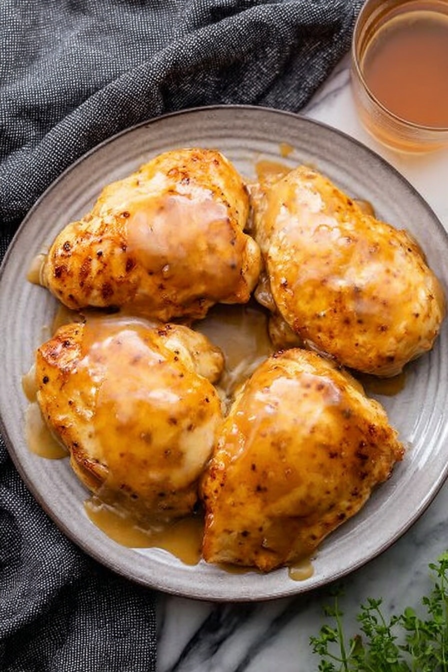 Four golden brown cooked pieces of chicken with a slightly glossy sauce coating on top are arranged close together on a round white plate with subtle lines. The sauce looks smooth and creamy, dripping a little on the sides of the chicken. A glass with a light brown liquid is visible near the top right corner of the image. A grey textured cloth is placed in the upper left corner, and a small bunch of green leafy herbs appears at the bottom right edge on a white marbled surface. Photo taken with an iphone --ar 2:3 --v 7 - Apple Cider Glazed Chicken Thighs, flavorful chicken thigh recipes, easy fall dinner ideas, sticky apple cider glaze chicken, comforting chicken thigh dishes
