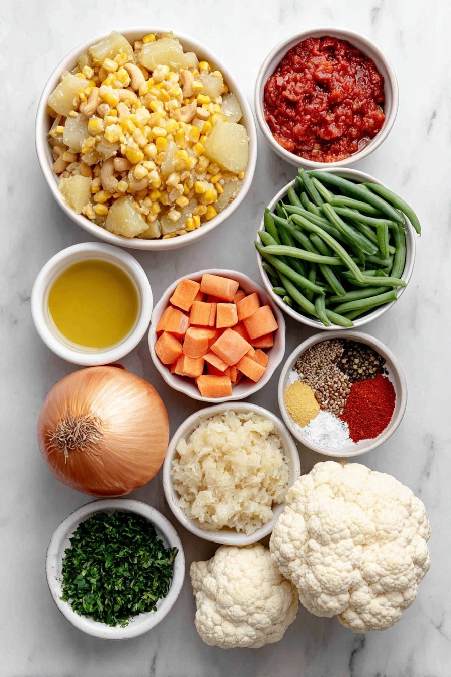 Flat lay of a small pile of golden cashews, a medium peeled and chopped carrot, a medium peeled and chopped potato, a handful of fresh green beans cut into pieces, a small mound of fresh peas, a cluster of white cauliflower florets, a few bright yellow sweet corn kernels, one whole uncracked brown onion, one fresh green chili, a small white bowl with finely pureed red tomatoes, a small white bowl with golden cooking oil, a small bunch of fresh chopped coriander leaves, a small white bowl with finely grated pale ginger garlic paste, a small white bowl containing mixed whole spices including cumin seeds, green cardamoms, a cinnamon stick, and a bay leaf, and a small white bowl with bright red Kashmiri chili powder, all arranged symmetrically on a clean white marble surface, soft natural light, photo taken with an iPhone, professional food photography style, fresh ingredients, white ceramic bowls, no bottles, no duplicates, no utensils, no packaging --ar 2:3 --v 7 --p awthu7i m7354615311229779997 - Vegetable Curry, Healthy Vegetable Curry, Vegan Vegetable Curry, Easy Vegetable Curry, Wholesome Vegetable Curry