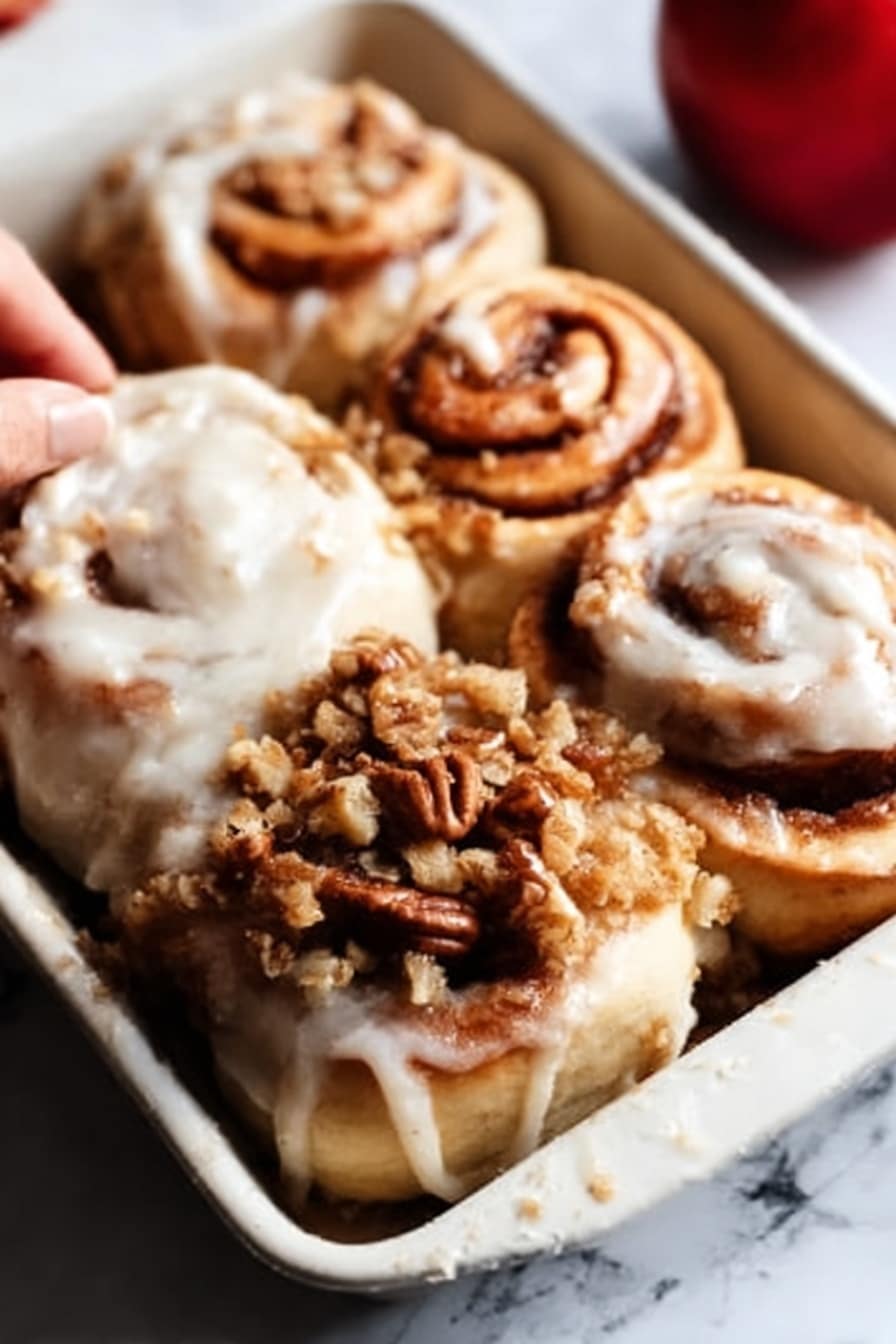 A tray of four cinnamon rolls is shown, each roll with a light brown, swirled dough base topped with creamy white icing spread unevenly but generously. One cinnamon roll on the top right is mostly visible with a twisted shape and some darker brown spots where the cinnamon sugar caramelized. Another cinnamon roll in the middle has a layer of crumbly brown streusel with small bits of pecans sprinkled on top, adding texture. The cinnamon rolls rest in a white tray, and there is a soft light coming from the top left, creating slight shadows. The background shows a white marbled surface and a red apple is blurred out on the upper left corner. A woman's hand is softly touching one cinnamon roll closer to the bottom center. Photo taken with an iphone --ar 2:3 --v 7 - Apple Pie Cinnamon Rolls with Apple Cider Caramel Sauce and Cream Cheese Frosting, apple cinnamon roll recipe, fall dessert recipes, cinnamon rolls with caramel, apple pie flavored baked goods