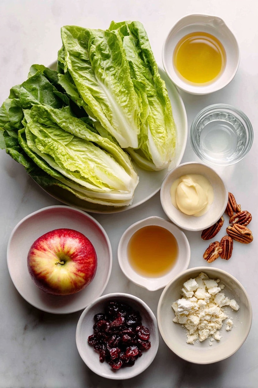 Flat lay of a fresh whole head of crisp romaine lettuce with vibrant green leaves, a bright red and yellow Honeycrisp apple sliced to reveal its juicy interior, a small white ceramic bowl filled with golden canola oil, a small white bowl containing amber apple cider vinegar, a small white bowl holding clear water, a small white bowl with smooth pale yellow Dijon mustard, a small white bowl of granulated white sugar, a neat pile of reddish-brown cooked bacon pieces, a small mound of dried dark red cranberries, creamy white crumbled bleu cheese, and a small cluster of glossy brown pecan halves, all arranged symmetrically on a simple white ceramic plate and bowls placed on a clean white marble surface, soft natural light, photo taken with an iPhone, professional food photography style, fresh ingredients, white ceramic bowls, no bottles, no duplicates, no utensils, no packaging --ar 2:3 --v 7 --p awthu7i m7354615311229779997 - Honeycrisp Harvest Salad, autumn apple salad, maple bacon salad, apple cider vinaigrette salad, easy fall salad recipes