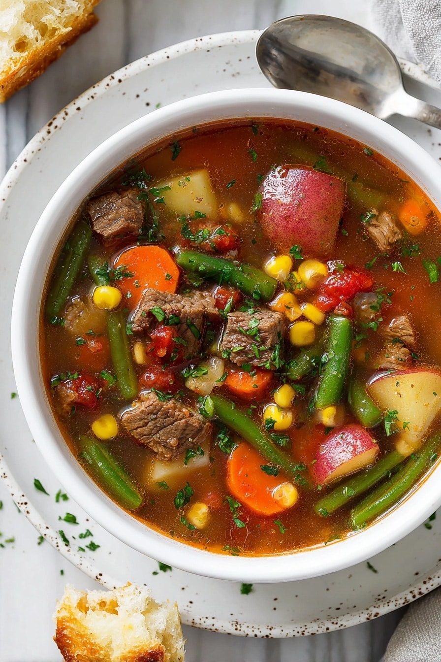 A white bowl filled with vegetable beef soup sits on a white marbled surface with some torn bread pieces nearby. The soup has a clear brown broth with visible chunks of tender beef, red-skinned potato pieces, bright orange carrot slices, green beans, corn kernels, and diced tomatoes. Fresh chopped parsley is sprinkled on top, adding a touch of green. The bowl is placed on a speckled white plate with a silver spoon resting near it. Photo taken with an iphone --ar 2:3 --v 7 - Vegetable Beef Soup, hearty vegetable beef soup, easy beef vegetable soup, wholesome beef soup, flavorful vegetable beef stew