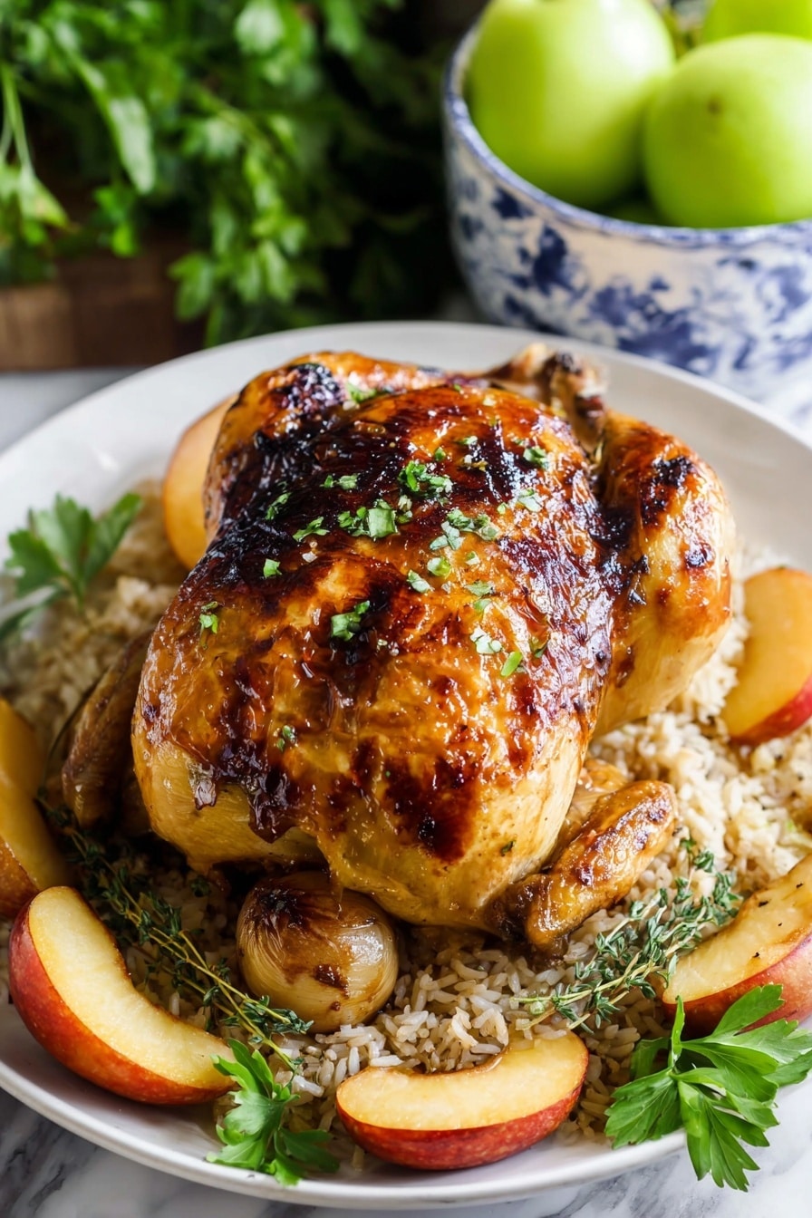 A whole roasted chicken with a golden brown skin, some darker caramelized spots, and small green herb bits on top sits centered on a white plate. Underneath the chicken is a bed of cooked rice with a few dark herbs and a garlic bulb near the chicken’s opening. Around the chicken and rice, there are slices of peach colored fruit with sprigs of thyme. Bright green parsley leaves decorate the edges of the plate. In the background, next to the plate, are green apples in a white bowl with blue details, placed on a white marbled surface. photo taken with an iphone --ar 2:3 --v 7 - Apple Cider Glazed Roasted Chicken, roasted chicken with apple cider glaze, juicy oven-roasted chicken recipe, flavorful roasted chicken, easy comfort food dinner