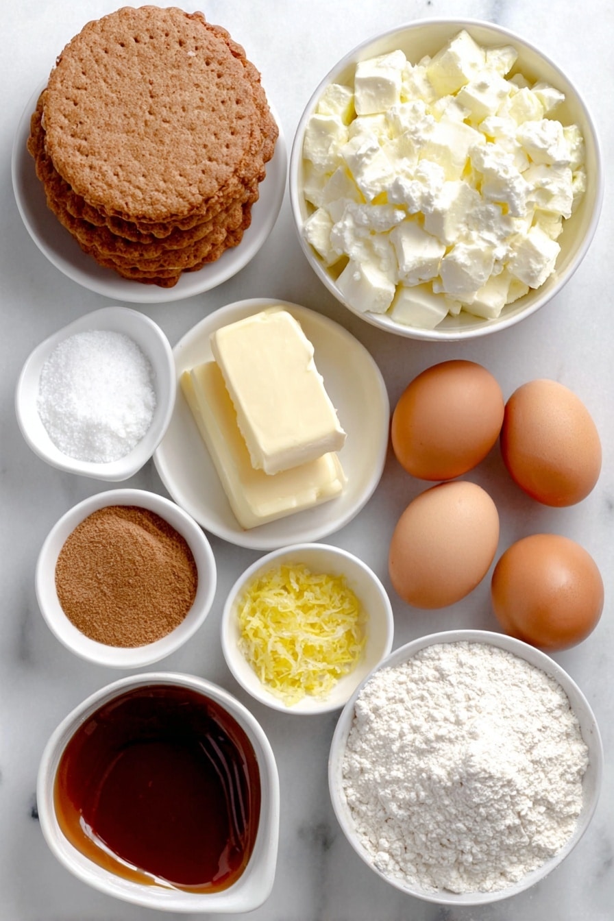 Flat lay of a few whole digestive biscuits, a small white bowl of melted butter, a smooth block of full-fat cream cheese, a small white bowl of granulated sugar, a tiny pinch of salt in a white bowl, a small white bowl of clear vanilla extract, two whole uncracked brown eggs, a small white ceramic bowl of peeled and chopped green granny smith apples, a small white bowl of light brown demerara sugar, a small white bowl of lemon zest, a small white bowl of ground cinnamon, a small white bowl of ground nutmeg, a few small cubes of chilled unsalted butter, a small white bowl of plain flour, and a small white bowl of glossy caramel sauce placed on a clean white marble surface, soft natural light, photo taken with an iPhone, professional food photography style, fresh ingredients, white ceramic bowls, no bottles, no duplicates, no utensils, no packaging --ar 2:3 --v 7 --p awthu7i m7354615311229779997 - Caramel Apple Cheesecake Bars, apple dessert bars, caramel cheesecake bars, fall dessert recipes, easy apple cheesecake bars