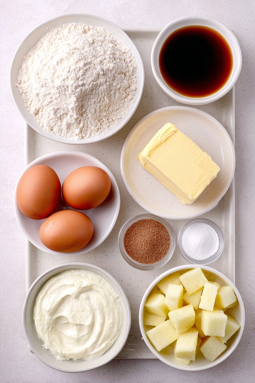 Flat lay of a small mound of all-purpose flour on a simple white ceramic plate, a small pile of baking powder and baking soda sprinkled neatly nearby on the same plate, a square of softened unsalted butter placed on a white dish, a small white bowl filled with packed dark brown sugar, a tiny white bowl with pure vanilla extract, two large whole uncracked brown eggs sitting side by side, a small white bowl holding creamy full fat plain yogurt, three peeled and cored medium tart apples cut into small half-inch cubes arranged symmetrically on a white plate, a small white bowl with ground cinnamon, and a small white bowl containing granulated sugar, all ingredients arranged in perfect symmetry, placed on a clean white marble surface, soft natural light, photo taken with an iPhone, professional food photography style, fresh ingredients, white ceramic bowls, no bottles, no duplicates, no utensils, no packaging --ar 2:3 --v 7 --p awthu7i m7354615311229779997 - Caramel Apple Cake, fall dessert recipes, apple cake with caramel, cozy autumn desserts, easy apple cake recipe