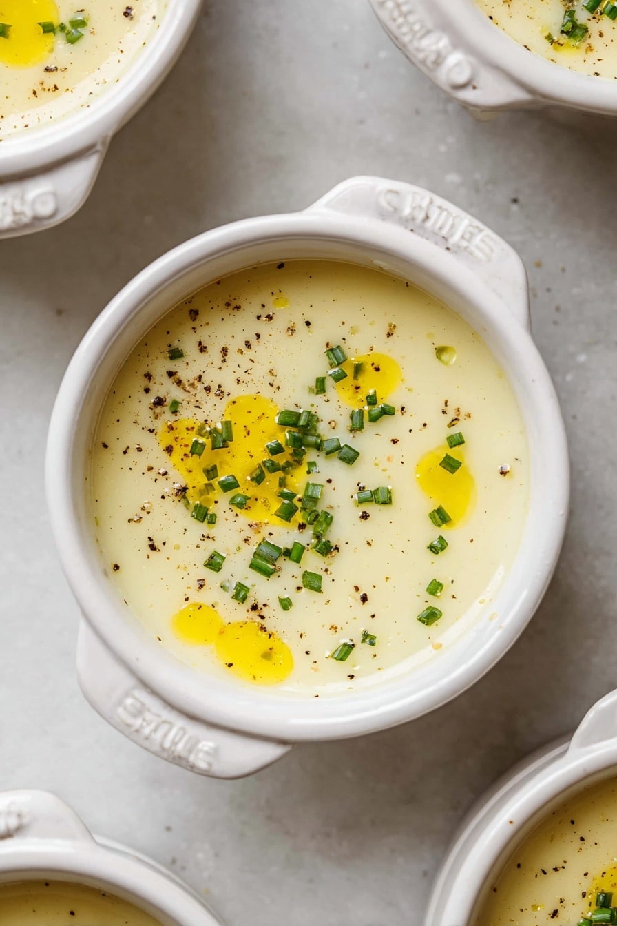 Three small white round pots with side handles filled with smooth, creamy white soup are placed on a white marbled surface. Each pot has a swirl of bright yellow oil on top and is sprinkled with finely chopped green herbs and small black pepper specks, adding a fresh contrast to the pale soup. Two pot lids, also white, are partially visible on the surface near the pots. The overall look is clean, fresh, and inviting. photo taken with an iphone --ar 2:3 --v 7 - Creamy Roasted Garlic Potato Soup, roasted garlic potato soup, comforting potato soup, easy creamy soup recipes, garlic potato soup