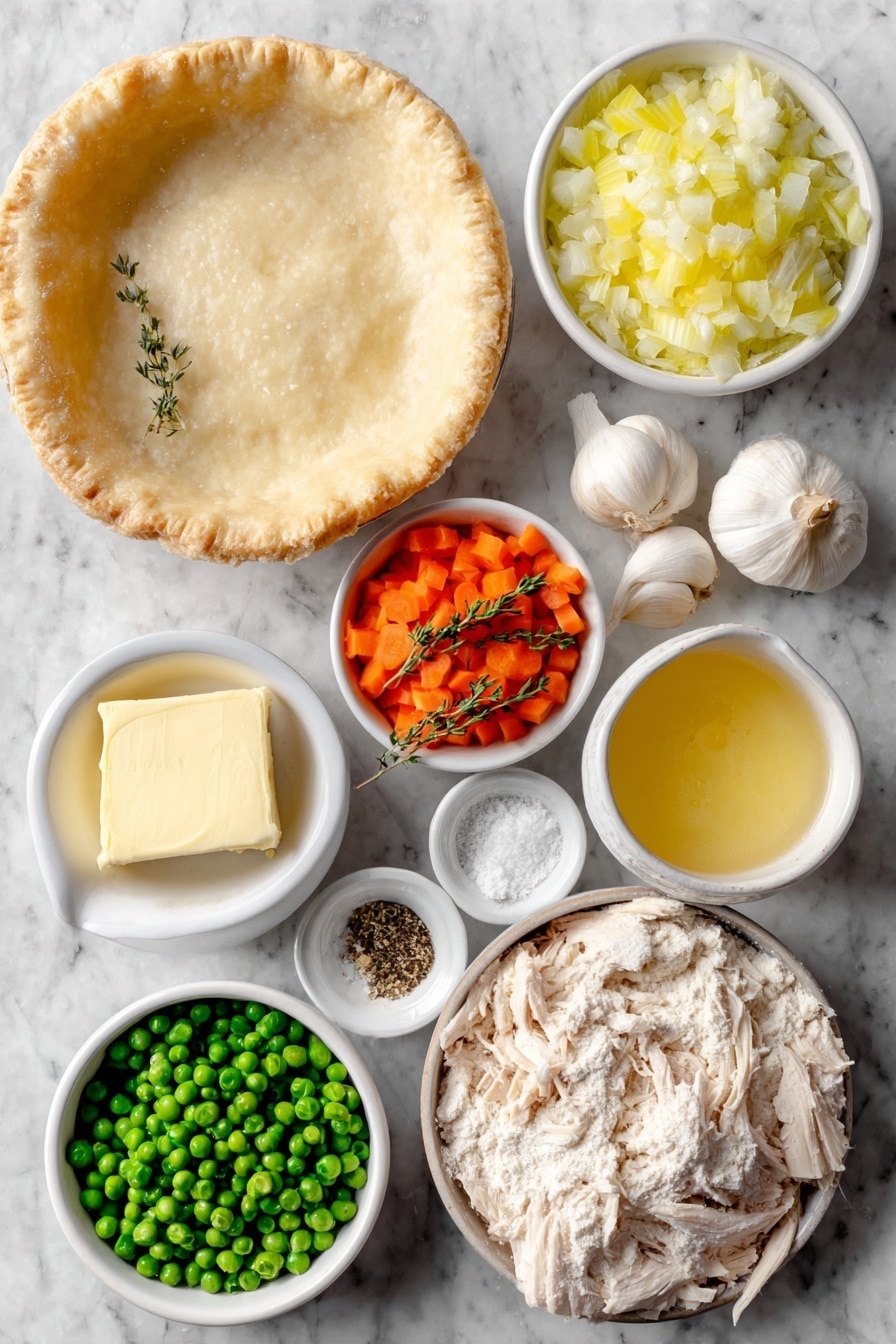 Flat lay of a small white ceramic bowl of unsalted butter, a small white ceramic bowl of chopped yellow onion, a small white ceramic bowl of thinly sliced carrots, a small white ceramic bowl of chopped celery, three whole uncracked garlic cloves, a small white ceramic bowl of all-purpose flour, a small white ceramic bowl of warm chicken broth, a small white ceramic bowl of warm heavy cream, a few sprigs of fresh thyme, a small white ceramic bowl of kosher salt, a small white ceramic bowl of ground black pepper, a small white ceramic bowl of cooked shredded chicken, a small white ceramic bowl of fresh green peas, two whole unbaked pie crusts placed flat -- placed on a clean white marble surface, soft natural light, photo taken with an iPhone, professional food photography style, fresh ingredients, white ceramic bowls, no bottles, no duplicates, no utensils, no packaging --ar 2:3 --v 7 --p awthu7i m7354615311229779997 - Easy Chicken Pot Pie, chicken pot pie recipe, homemade chicken pot pie, comforting chicken pie, flaky chicken pie