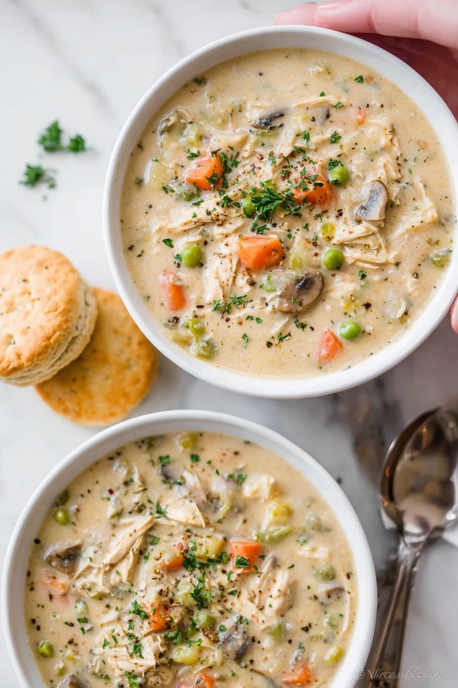 Two white bowls filled with creamy chicken and vegetable soup sit on a white marbled surface. The soup has a thick, beige base with visible layers of shredded chicken, orange carrot slices, green peas, celery, and small pieces of mushroom, topped with parsley flakes and a sprinkle of black pepper. Beside the bowls, there are three golden-brown biscuits stacked on the side. Two metal spoons rest next to one bowl, and a woman's hand gently holds the top bowl from above. The whole scene is bright and clean, creating a cozy, comforting feeling. photo taken with an iphone --ar 2:3 --v 7 - Creamy Chicken Pot Pie Soup, chicken pot pie soup recipe, hearty comfort soup, easy chicken soup recipe, cozy dinner idea