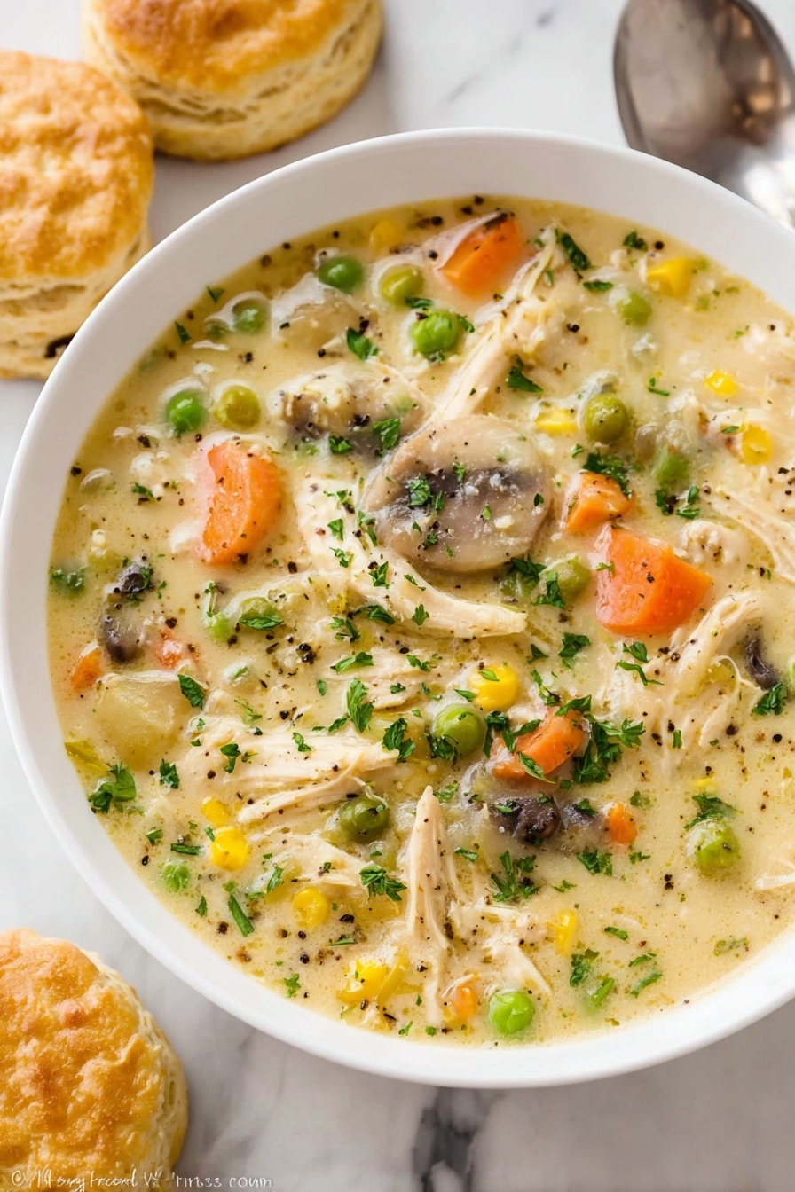 A white bowl filled with creamy chicken and vegetable soup, showing clear layers: shredded chicken in light beige, bright orange carrot slices, green peas, yellow corn kernels, and small pieces of mushroom mixed in a thick pale yellow broth speckled with black pepper and green parsley bits. Next to the bowl are golden-brown biscuits with a soft texture, placed on a white marbled surface, and a silver spoon partly visible near the bowl photo taken with an iphone --ar 2:3 --v 7 - Creamy Chicken Pot Pie Soup, chicken pot pie soup recipe, hearty comfort soup, easy chicken soup recipe, cozy dinner idea