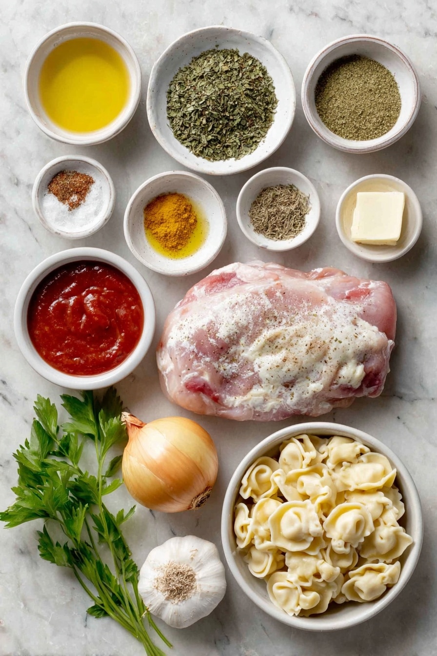 Flat lay of a bone-in chicken breast with clean skin and bone exposed, a small white ceramic bowl of dried basil, a small white ceramic bowl of dried parsley, a small white ceramic bowl of dried oregano, a small white ceramic bowl of mustard powder, a small white ceramic bowl of ground sage, a small white ceramic bowl of ground black pepper, a small white ceramic bowl of Italian seasoning, a small bunch of fresh yellow onion whole bulb, a small white ceramic bowl of diced carrots, two fresh celery ribs with vibrant green leaves, three whole garlic cloves unpeeled, a small white ceramic bowl of golden olive oil, a small white ceramic bowl of creamy butter, a small white ceramic bowl of Worcestershire sauce, a small white ceramic bowl of bright red hot sauce, a small white ceramic bowl of clear chicken broth, and a small pile of fresh refrigerated cheese tortellini pasta arranged symmetrically in a clean white ceramic bowl, placed on a clean white marble surface, soft natural light, photo taken with an iPhone, professional food photography style, fresh ingredients, white ceramic bowls, no bottles, no duplicates, no utensils, no packaging --ar 2:3 --v 7 --p awthu7i m7354615311229779997 - Chicken Tortellini Soup, cheesy tortellini soup, hearty chicken pasta soup, Italian chicken soup, quick tortellini soup recipe