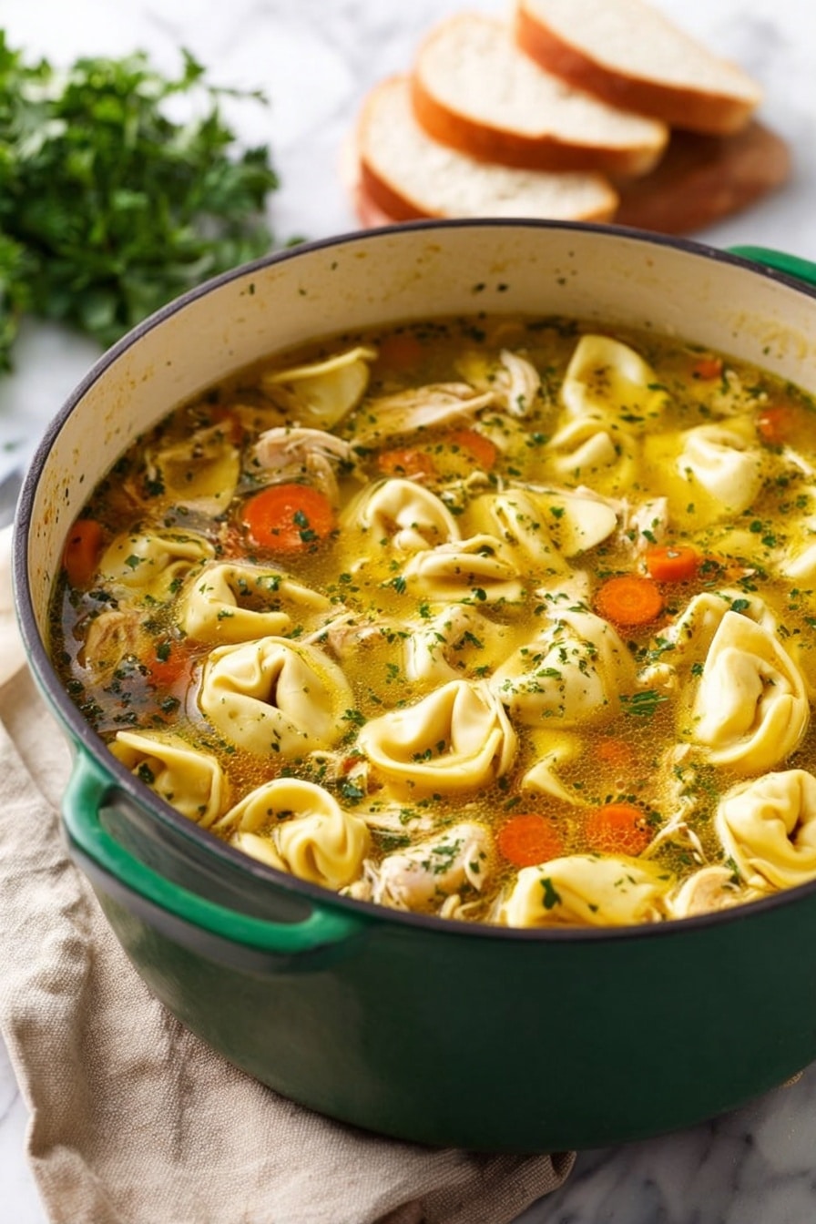 A large green pot filled with chicken tortellini soup sits on a white marbled surface with a beige cloth nearby. The soup has clear yellow broth with visible herbs floating on top, shredded pieces of chicken, and orange carrot slices scattered through the soup. The tortellini pasta are plump and off-white, floating evenly across the surface, showing soft texture with some edges slightly curled. In the background, out of focus, there is a stack of white sandwich bread slices and some green parsley. The setup is bright with natural light. photo taken with an iphone --ar 2:3 --v 7 - Chicken Tortellini Soup, cheesy tortellini soup, hearty chicken pasta soup, Italian chicken soup, quick tortellini soup recipe