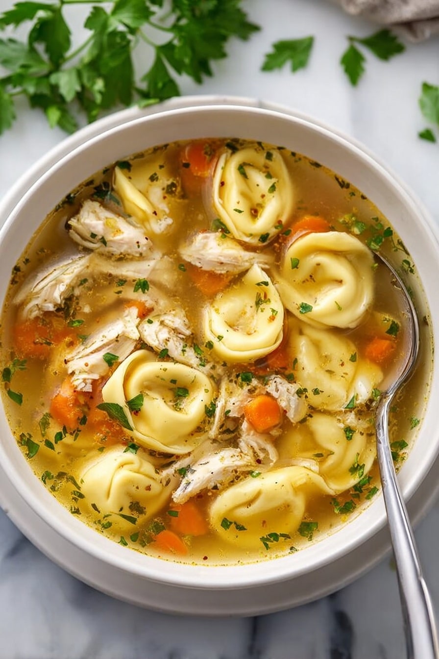 The image shows a white bowl filled with clear broth soup containing several layers. The top layer has round tortellini with a soft, yellow pasta texture floating on the surface. Underneath, chunks of shredded cooked chicken in white and light brown tones are visible, mixed with small orange carrot pieces and green parsley leaves scattered throughout. A silver spoon rests on the right edge of the bowl, partially inside the soup. The bowl sits on a white marbled surface with some fresh parsley leaves in the background. Photo taken with an iphone --ar 2:3 --v 7 - Chicken Tortellini Soup, cheesy tortellini soup, hearty chicken pasta soup, Italian chicken soup, quick tortellini soup recipe