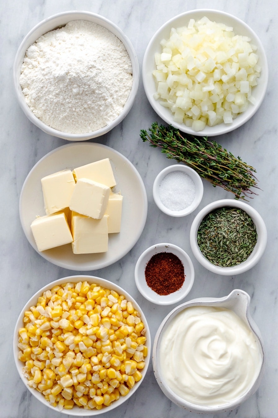 Flat lay of a small mound of pale arrowroot powder in a simple white ceramic bowl, a small white bowl of whole milk, two tablespoons of unsalted butter cut into small rectangular pieces on a white ceramic plate, a small pile of finely diced shallot on a white ceramic dish, a generous heap of fresh yellow sweet corn kernels on a white ceramic plate, a small white bowl filled with thick heavy cream, a small white bowl containing dried thyme leaves, a tiny white bowl with a pinch of bright red cayenne pepper powder, a small white ceramic bowl of coarse kosher salt crystals, a small white bowl with freshly ground black peppercorns, and a small white plate with a small mound of freshly grated pale yellow parmesan cheese, placed on a clean white marble surface, soft natural light, photo taken with an iPhone, professional food photography style, fresh ingredients, white ceramic bowls, no bottles, no duplicates, no utensils, no packaging --ar 2:3 --v 7 --p awthu7i m7354615311229779997 - Creamed Corn Page, creamy corn side dish, easy creamed corn recipe, holiday side dishes, comforting corn side dish