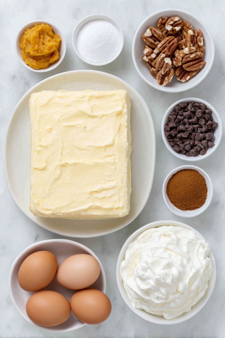 Flat lay of a block of softened cream cheese on a simple white ceramic plate, a small white bowl filled with light brown sugar, a small white bowl containing vibrant orange pumpkin puree, a small white bowl with fine white sugar, a small white bowl holding golden candied pecans, a small white bowl with dark chocolate chips, a small white bowl with warm brown pumpkin pie spice, a small white bowl with reddish-brown ground cinnamon, a small white bowl filled with thick, freshly whipped cream, and two whole brown eggs arranged symmetrically around the ingredients, placed on a clean white marble surface, soft natural light, photo taken with an iPhone, professional food photography style, fresh ingredients, white ceramic bowls, no bottles, no duplicates, no utensils, no packaging --ar 2:3 --v 7 --p awthu7i m7354615311229779997 - Cream Cheese Pumpkin Mousse, pumpkin mousse dessert, fall pumpkin recipes, easy pumpkin desserts, creamy pumpkin mousse