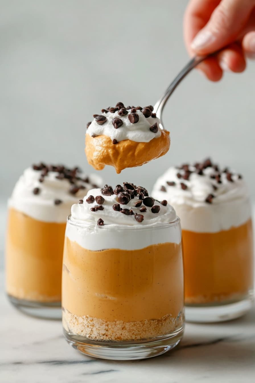 The image shows three clear glasses filled with three layers: the bottom and middle layers are a smooth, light orange pumpkin mousse, topped with a layer of white whipped cream sprinkled with small dark chocolate chips. A woman's hand is holding a silver spoon above the closest glass, scooping a mix of the mousse and whipped cream with chocolate chips on top. The background is a clean white marbled surface. photo taken with an iphone --ar 2:3 --v 7 - Cream Cheese Pumpkin Mousse, pumpkin mousse dessert, fall pumpkin recipes, easy pumpkin desserts, creamy pumpkin mousse
