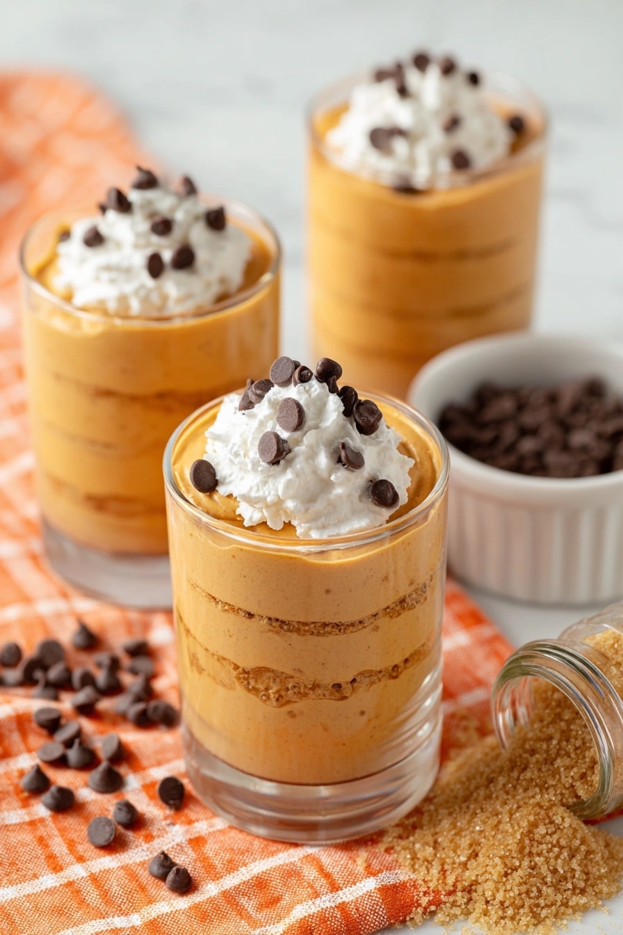 The image shows three clear glasses filled with smooth, light orange pumpkin mousse, each with visible soft swirls and layers inside. The mousse is topped with a dollop of white whipped cream and sprinkled with small dark chocolate chips. One glass is in the front and centered, with two others slightly blurred in the background. Around the glasses are scattered chocolate chips and a small jar tipped over spilling brown cinnamon powder. To the right, there is a white bowl filled with light brown sugar on a bright orange cloth with white check patterns. The setting rests on a white marbled surface. photo taken with an iphone --ar 2:3 --v 7 - Cream Cheese Pumpkin Mousse, pumpkin mousse dessert, fall pumpkin recipes, easy pumpkin desserts, creamy pumpkin mousse