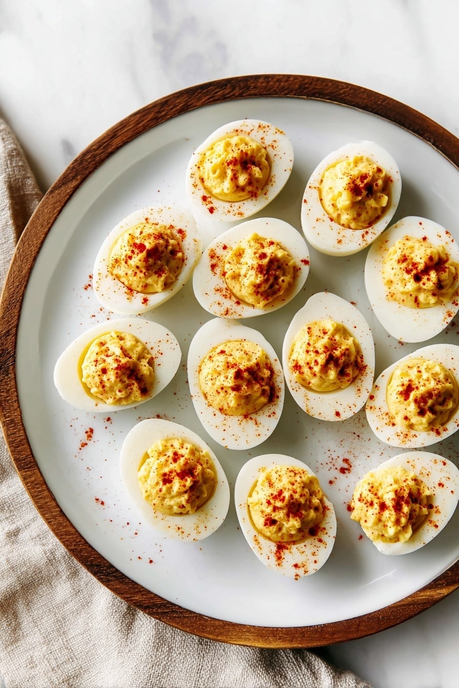 A white plate with a wooden rim holds twelve deviled egg halves arranged in a loose circle and scattered slightly inward. Each egg half has a smooth white egg white base topped with a yellow creamy yolk filling, sprinkled with a light dusting of red paprika. The plate is set on a white marbled surface with a beige cloth partially visible to the side. Photo taken with an iphone --ar 2:3 --v 7 - Easy Classic Deviled Eggs, deviled eggs, simple deviled eggs, creamy deviled eggs, party appetizer