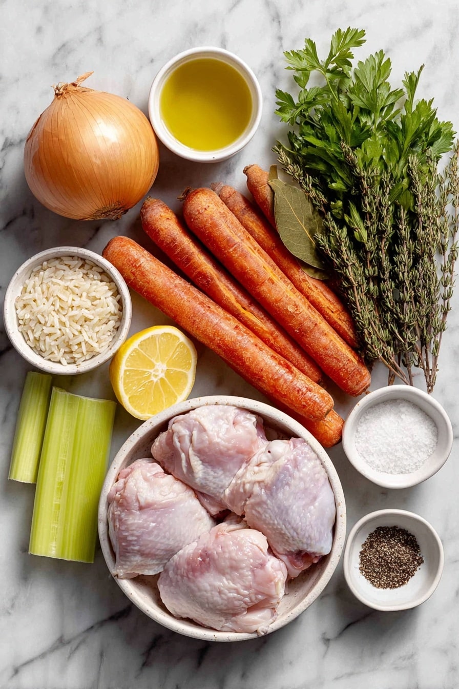 Flat lay of a small white ceramic bowl of olive oil, one whole yellow onion, three large whole carrots, three whole celery stalks, three whole garlic cloves, one whole lemon cut in half showing bright yellow flesh, a small white ceramic bowl of dried thyme, two raw boneless skinless chicken thighs, two whole dried bay leaves, a small white ceramic bowl of short grain rice, a small white ceramic bowl of salt, a small white ceramic bowl of black pepper, and a few sprigs of fresh parsley arranged with perfect symmetry, placed on a clean white marble surface, soft natural light, photo taken with an iPhone, professional food photography style, fresh ingredients, white ceramic bowls, no bottles, no duplicates, no utensils, no packaging --ar 2:3 --v 7 --p awthu7i m7354615311229779997 - Lemon Chicken Rice Soup, healthy chicken soup with lemon, easy lemon chicken soup, comforting rice soup, quick lemon chicken dinner