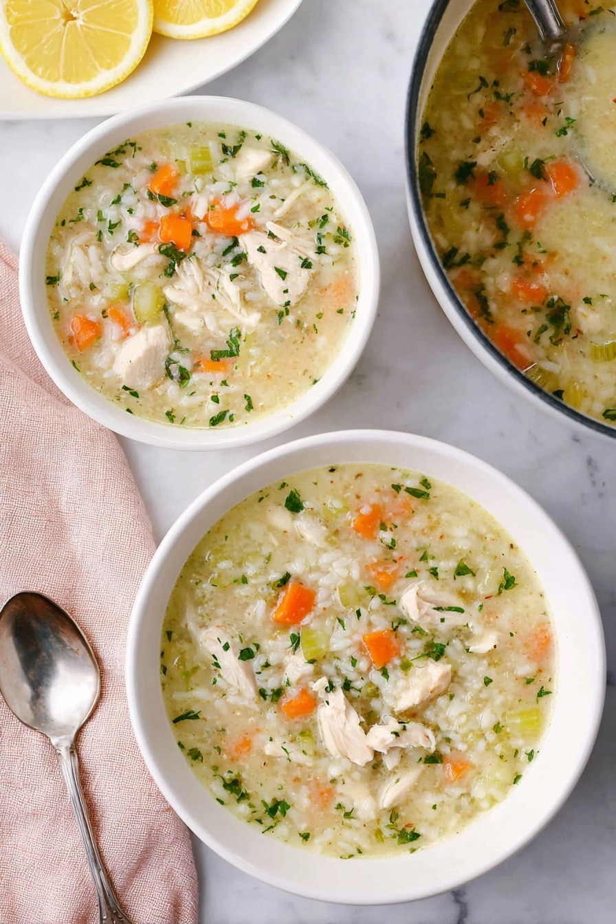 The image shows two white bowls filled with creamy chicken and rice soup placed on a white marbled surface. The soup has three clear layers: a brothy top with small green herb pieces, middle chunks of white chicken and orange carrot cubes, and a bottom layer of soft white rice. Pieces of celery and herbs are visible throughout, adding green and orange highlights. Next to one bowl, there is a spoon with a metallic shine placed on a light pink cloth. A white plate with lemon wedges is partly visible on the left side of the image. In the upper right, a pot with more soup and a metallic ladle is seen. The photo is taken with an iphone --ar 2:3 --v 7 - Lemon Chicken Rice Soup, healthy chicken soup with lemon, easy lemon chicken soup, comforting rice soup, quick lemon chicken dinner