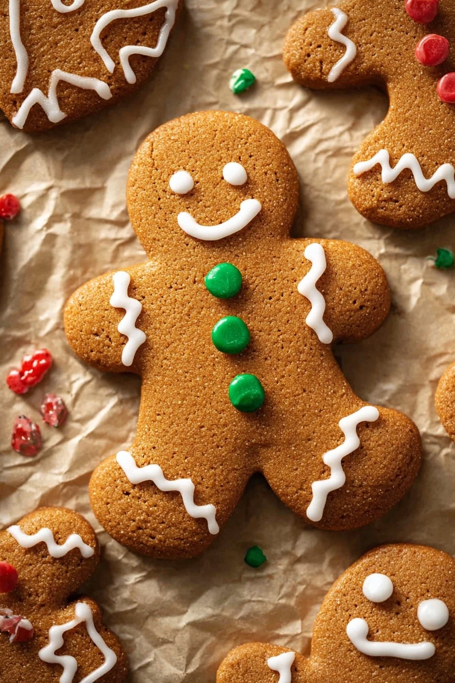 The image shows a group of gingerbread cookies on crinkled light brown paper placed on a white marbled surface. The main cookie in the center is a gingerbread person with a smiling face made of two small white dots for eyes and a curved white line for the mouth. It has three green round candy buttons on its torso. White icing decorates the edges of the arms and legs with zigzag lines and outlines the entire body. Surrounding it are other gingerbread cookies with white icing details and red and green small candy pieces scattered around. The lighting is warm, highlighting the texture of the cookies clearly. Photo taken with an iphone --ar 2:3 --v 7 - Homemade Gingerbread Cookies, gingerbread cookies recipe, festive spice cookies, holiday cookie ideas, easy gingerbread cookies
