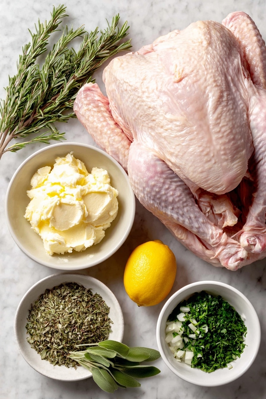 Flat lay of a whole raw turkey with pale pink skin, a small mound of softened butter in a simple white ceramic bowl, a small white bowl of minced garlic, a small white bowl containing finely chopped fresh sage leaves, a small white bowl with finely chopped fresh rosemary, a small white bowl holding finely chopped fresh thyme leaves, a small white bowl filled with finely chopped fresh parsley leaves, a peeled and quartered yellow onion, a bright yellow lemon quartered, assorted whole fresh herb sprigs including sage, rosemary, thyme, and parsley arranged loosely, all placed on a clean white marble surface, soft natural light, photo taken with an iPhone, professional food photography style, fresh ingredients, white ceramic bowls, no bottles, no duplicates, no utensils, no packaging --ar 2:3 --v 7 --p awthu7i m7354615311229779997 - Herb Roasted Turkey, herb roasted turkey recipe, flavorful turkey, juicy roasted turkey, holiday turkey ideas