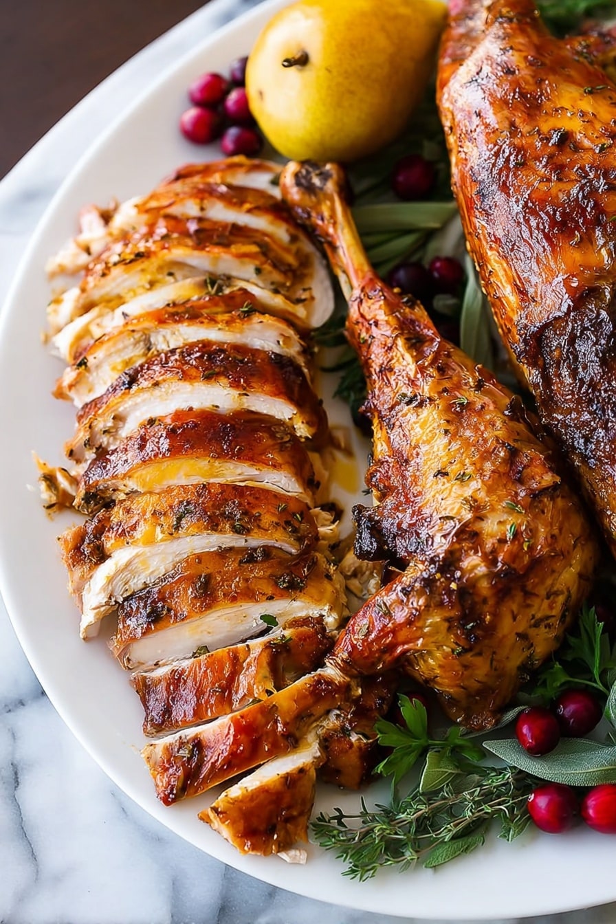 A white plate holds a large roasted turkey with a golden brown crispy skin, sliced into even pieces showing juicy white meat inside. The turkey leg and wing are still whole and placed around the sliced breast. On the plate next to the turkey, there is a yellow pear and small red cranberries, with fresh green herb leaves scattered around, all resting on a white marbled surface. The turkey skin has a slightly charred and glistening texture with visible seasoning. Photo taken with an iphone --ar 2:3 --v 7 - Herb Roasted Turkey, herb roasted turkey recipe, flavorful turkey, juicy roasted turkey, holiday turkey ideas