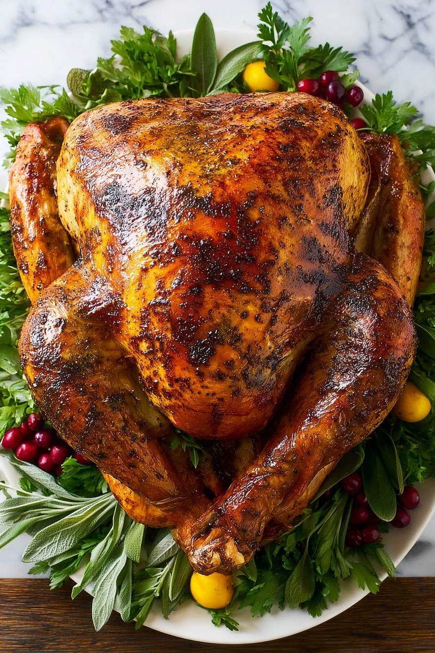 A whole roasted turkey with a golden brown, slightly shiny and crispy skin with dark brown seasoning spots covering the entire outer surface. The turkey is centered on a white plate and surrounded by fresh green leafy herbs like parsley and sage, along with clusters of bright red cranberries and small yellow fruits. The background is a white marbled texture. The turkey’s wings and legs are tucked in close to the body, and the overall look is warm, rich, and inviting. Photo taken with an iphone --ar 2:3 --v 7 - Herb Roasted Turkey, herb roasted turkey recipe, flavorful turkey, juicy roasted turkey, holiday turkey ideas