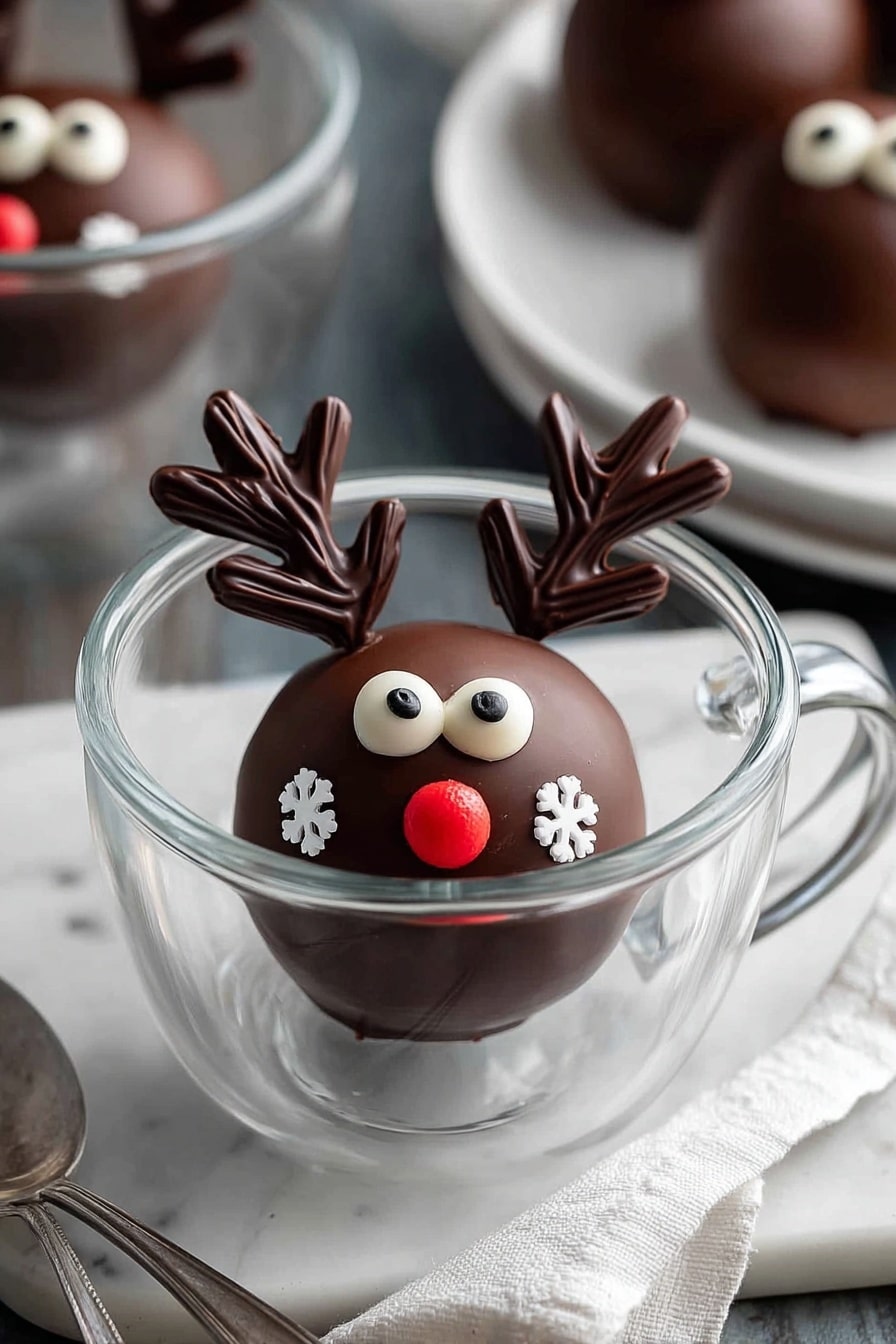 A round chocolate ball with a smooth, dark brown shiny surface sits in a clear glass cup. On top, there are two white candy eyes with black dots in the middle, a small bright red candy nose in front, and two small white snowflake shapes on each side of the nose. The ball is decorated with two dark chocolate antlers made from solid chocolate pieces, placed on top of the ball like a reindeer's antlers. The cup is on a white marbled surface, with a white cloth and a silver spoon nearby. In the background, a white plate holds more chocolate balls, also decorated similarly. Photo taken with an iphone --ar 2:3 --v 7 - Delicious Hot Chocolate Bombs, Hot Chocolate Bombs recipe, homemade hot chocolate bombs, easy hot chocolate bombs, festive hot chocolate drinks