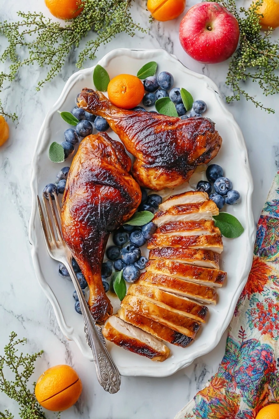 A white oval plate holds two dark brown cooked chicken drumsticks on the left side, their skin crispy and shiny. To the right of them, there are thick slices of golden brown roasted chicken breast arranged in two neat rows. Blueberries and green leaves are scattered around the chicken pieces for decoration. At the top of the plate, there is a small red apple and a cluster of blueberries. Near the bottom, a small orange fruit adds color. A vintage silver fork rests on the left edge of the plate. The plate sits on a white marbled surface, with some leafy green sprigs and orange fruits near the top left and a colorful cloth napkin on the bottom right. photo taken with an iphone --ar 2:3 --v 7 - Maple Glazed Turkey Roast, turkey roast with maple glaze, easy holiday turkey recipe, juicy turkey roast, flavorful turkey dinner