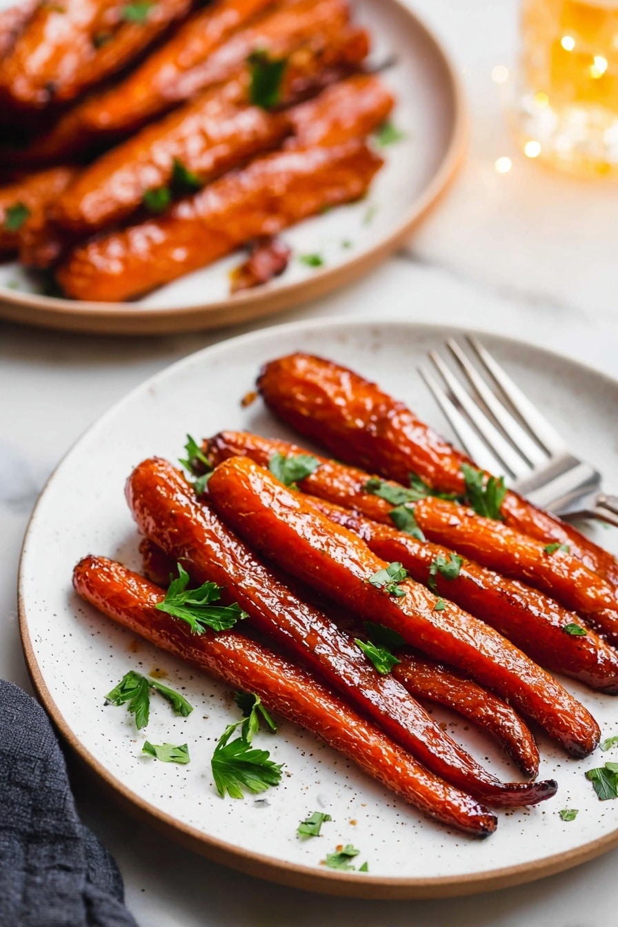 The image shows a white speckled plate with about eight long, shiny roasted carrots placed in a slightly spread layer, each carrot having a deep orange color and a glazed texture that catches the light. Small pieces of fresh green parsley leaves are scattered on top, adding a splash of green contrast. On the right edge of the plate, there is a silver fork resting gently. In the background, another white plate filled with similar roasted carrots is partially visible, all set on a white marbled surface with a soft, warm light illuminating the scene. Photo taken with an iphone --ar 2:3 --v 7 - Maple Roasted Carrots, sweet roasted carrots, easy vegetable side dish, healthy carrot recipes, fall vegetable sides