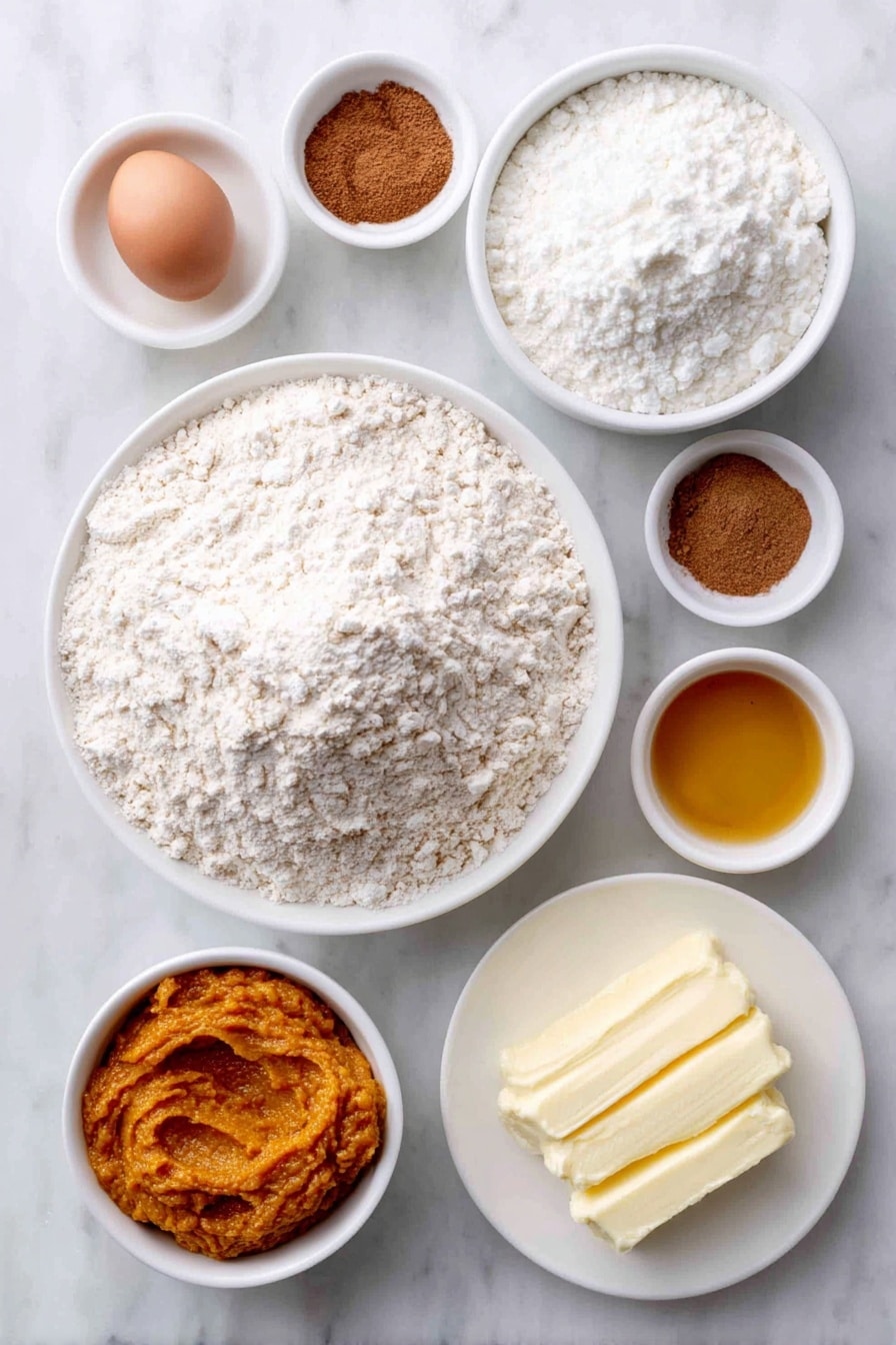 Flat lay of a small mound of white whole wheat flour, a white ceramic bowl with light brown baking powder, a small white bowl containing ground cinnamon, another small white bowl with ground nutmeg, a pinch of salt scattered neatly, a small white bowl of creamy milk, a smooth dollop of bright orange pumpkin purée on a white plate, a single whole uncracked brown egg, a small white bowl filled with golden maple syrup, a small white bowl of pale vanilla extract, and a white plate holding two tablespoons of melted butter, arranged symmetrically on a clean white marble surface, soft natural light, photo taken with an iPhone, professional food photography style, fresh ingredients, white ceramic bowls, no bottles, no duplicates, no utensils, no packaging --ar 2:3 --v 7 --p awthu7i m7354615311229779997 - Whole Wheat Pumpkin Pancakes, Pumpkin Pancake Recipes, Healthy Pumpkin Breakfast, Fall Flavored Pancakes, Wholesome Breakfast Ideas
