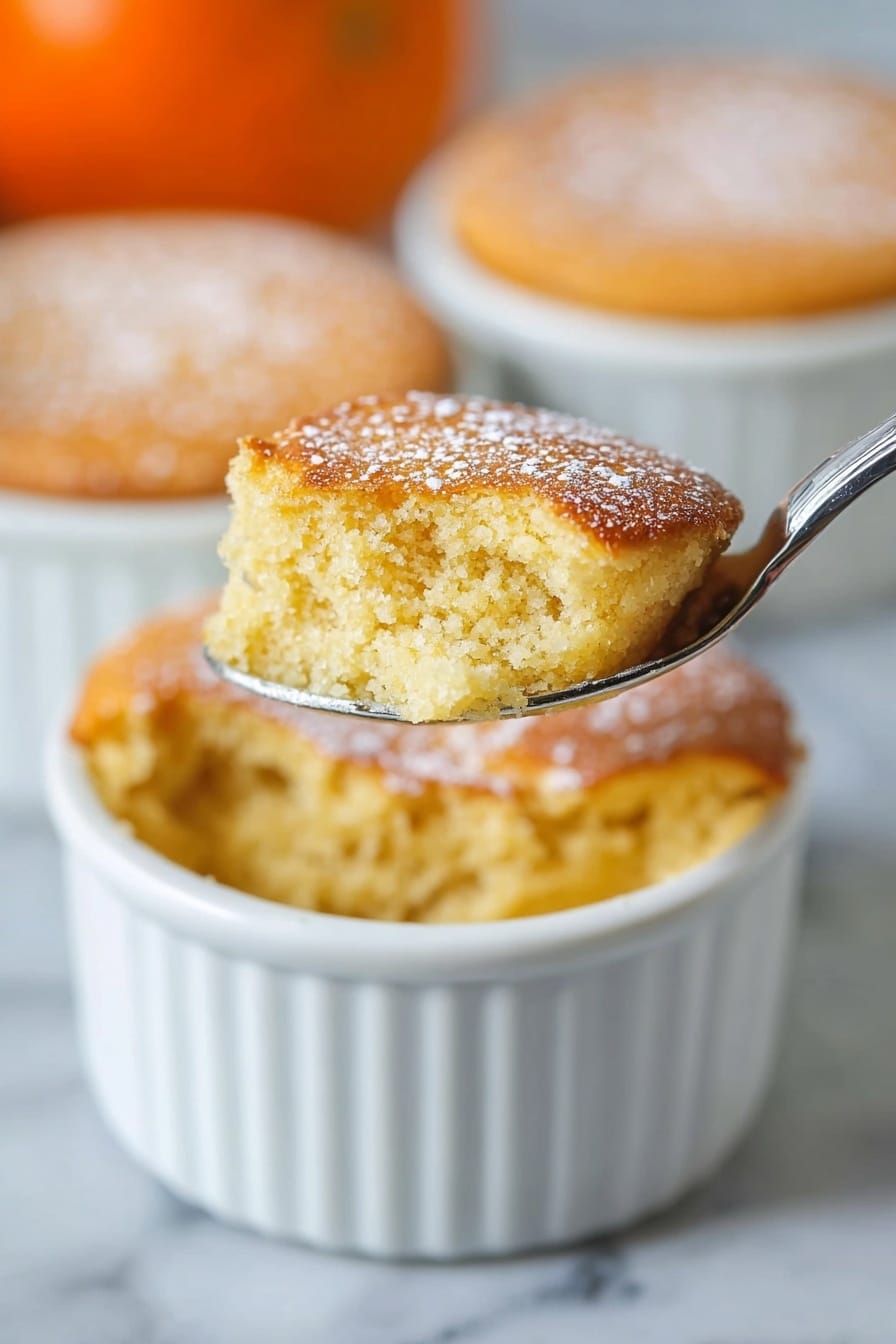 The image shows a white ramekin filled with a soft, light brown baked dessert that has a slightly rough texture on top with some small bubbles and a dusting of white powder. A spoon holds a scoop of the dessert above the ramekin, showing the crumbly yet moist inside with an even light golden-brown color. In the background, two more white ramekins with the same dessert can be seen softly blurred, all placed on a white marbled surface, and an orange object is faintly visible behind them. photo taken with an iphone --ar 2:3 --v 7 - Pumpkin Souffle, pumpkin souffle recipe, easy pumpkin souffle, gluten-free pumpkin dessert, fall pumpkin dessert