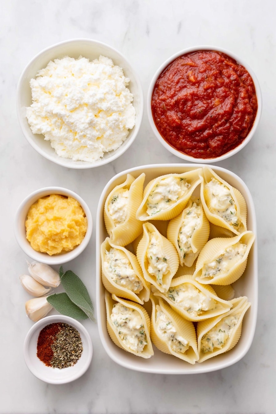 Flat lay of jumbo pasta shells, a small white bowl of whole milk ricotta cheese, a small white bowl of pumpkin puree, a small white bowl of grated parmesan cheese, two cloves of garlic, a few fresh sage leaves finely minced, a small white bowl of vibrant red marinara sauce, a pinch each of ground cinnamon and ground nutmeg, coarse salt and cracked black pepper arranged neatly in small white bowls, placed on a clean white marble surface, soft natural light, photo taken with an iPhone, professional food photography style, fresh ingredients, white ceramic bowls, no bottles, no duplicates, no utensils, no packaging --ar 2:3 --v 7 --p awthu7i m7354615311229779997 - Pumpkin Ricotta Stuffed Shells, pumpkin stuffed shells, fall pasta recipes, autumn stuffed shells, creamy pumpkin pasta