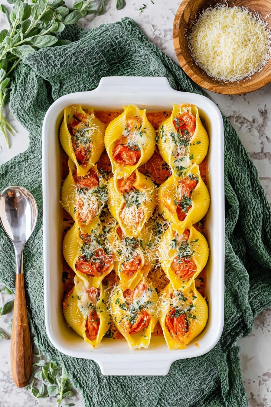 The image shows a white rectangular baking dish filled with bright yellow pasta shells arranged in two neat rows, each stuffed and topped with orange tomato slices and sprinkled with grated white cheese and small green herb pieces. The dish sits on a green cloth over a white marbled surface, with a wooden bowl of grated cheese to the right and a spoon with a wooden handle to the left. Fresh green herb leaves are also scattered around the setup. Photo taken with an iphone --ar 2:3 --v 7 - Pumpkin Ricotta Stuffed Shells, pumpkin stuffed shells, fall pasta recipes, autumn stuffed shells, creamy pumpkin pasta