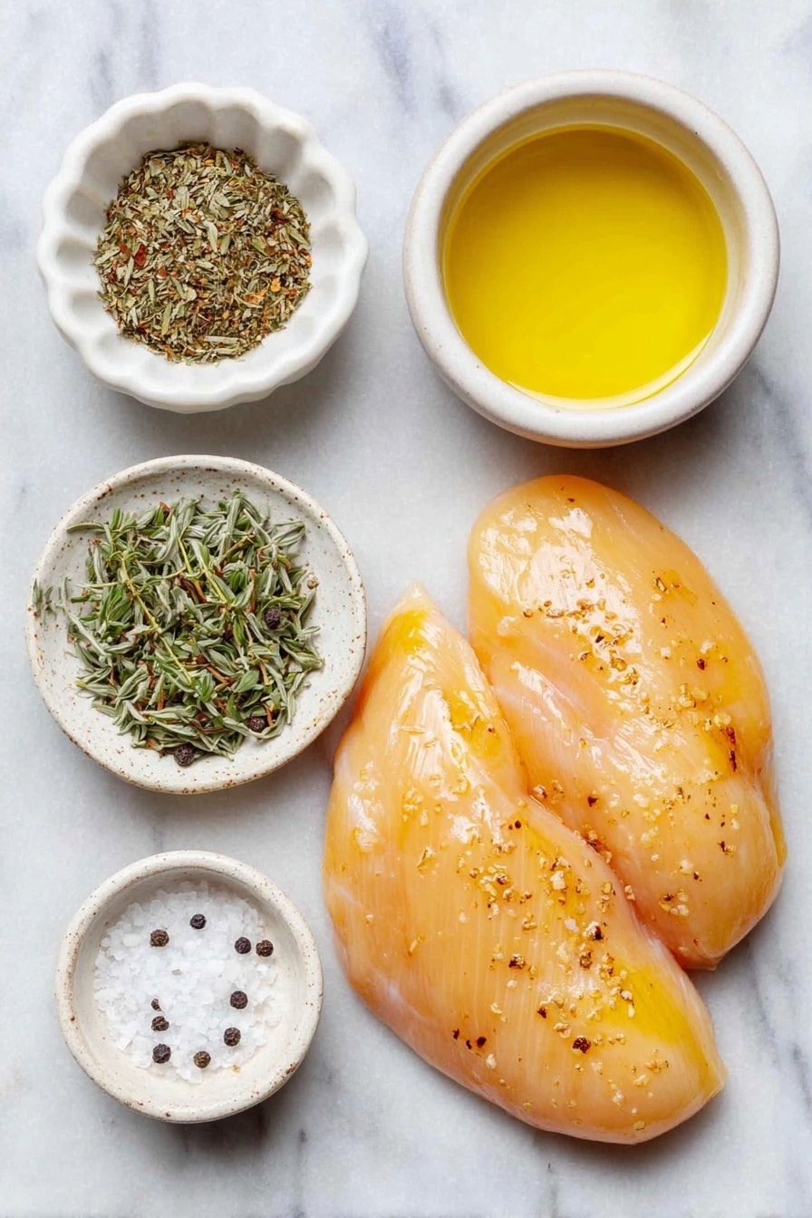 Flat lay of two boneless, skinless chicken breasts with a light sheen of oil, a small white ceramic bowl filled with golden olive oil, a small white ceramic bowl containing a mixed heap of dried basil, thyme, and oregano herbs, a small white ceramic bowl with fine garlic powder, a small white ceramic bowl with coarse sea salt and freshly cracked black peppercorns, arranged symmetrically on a clean white marble surface, soft natural light, photo taken with an iPhone, professional food photography style, fresh ingredients, white ceramic bowls, no bottles, no duplicates, no utensils, no packaging --ar 2:3 --v 7 --p awthu7i m7354615311229779997 - Herb Baked Chicken Breast, baked chicken breast, herb chicken recipe, healthy baked chicken, juicy chicken dinner