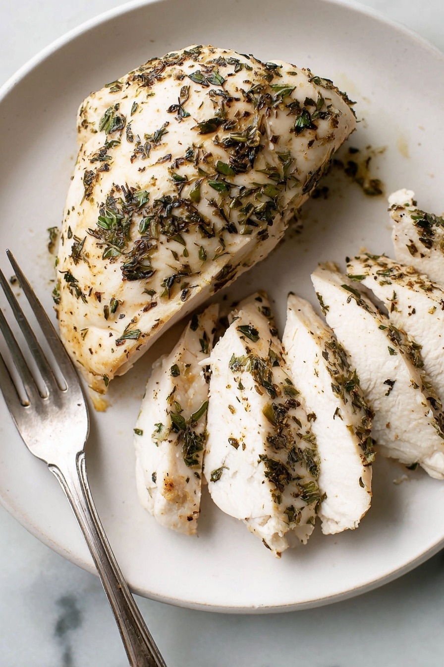 Two cooked chicken breasts with a light golden color are placed side by side in a white square baking dish. The chicken is sprinkled with small bits of dark green and brown herbs that cover the top surface of each piece. Some orange-brown spots of cooked juices and herbs stick lightly to the bottom and sides of the dish. A pair of silver tongs rests near the top right corner of the dish on a white marbled surface. The overall setting has a clean, simple look with soft lighting. photo taken with an iphone --ar 2:3 --v 7 - Herb Baked Chicken Breast, baked chicken breast, herb chicken recipe, healthy baked chicken, juicy chicken dinner