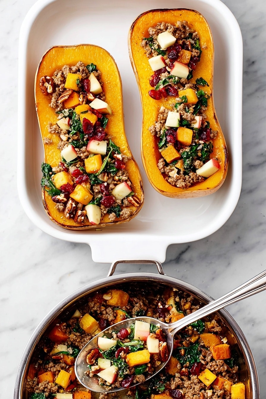 Two halves of roasted butternut squash with a golden-orange smooth surface, placed on a white rectangular baking dish on top of a white marbled surface. Each squash half is filled with a mix of small diced apples with red and cream colors, browned ground meat, green spinach leaves, chopped white onion, dried red cranberries, and pecans, adding variety in texture and color. A silver spoon holding some of the mix is scooping into the squash on the right. Below the baking dish is a silver pan filled with the same mix on the white marbled surface. Photo taken with an iphone --ar 2:3 --v 7 - Apple Sausage Stuffed Butternut Squash, fall stuffed squash recipe, hearty apple sausage bake, easy autumn squash dinner, baked stuffed butternut squash