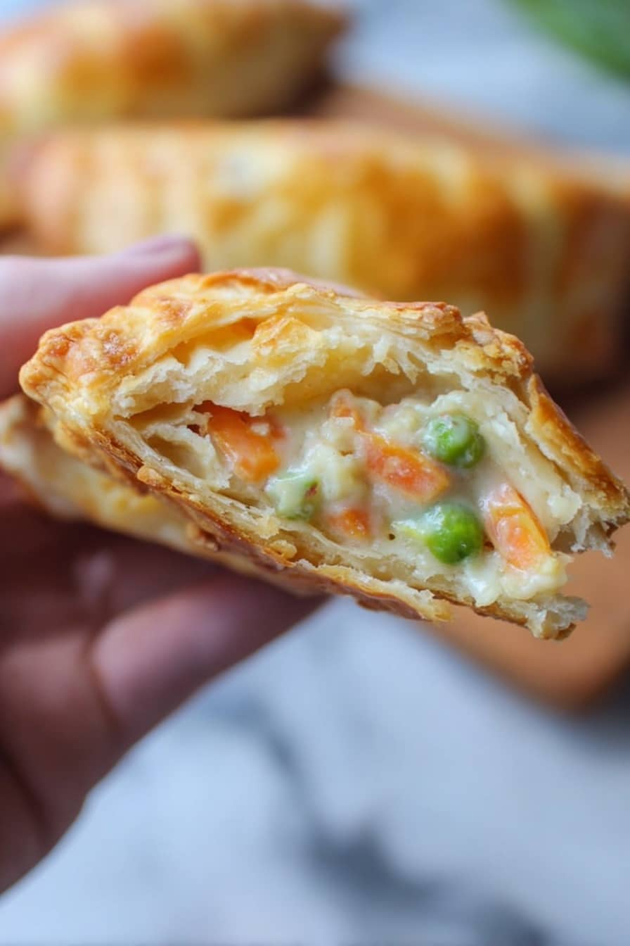 A close-up of a woman's hand holding a half-eaten pastry with a golden brown crust. Inside the pastry, there are three visible layers: a creamy white sauce, mixed with small chunks of orange carrots and bright green peas. The background shows blurred white marbled texture with shapes of other pastries. photo taken with an iphone --ar 2:3 --v 7 - Handheld Chicken Pot Pie, chicken pot pie pastry pockets, portable chicken pot pie, flaky chicken pie snack, easy chicken pie on-the-go