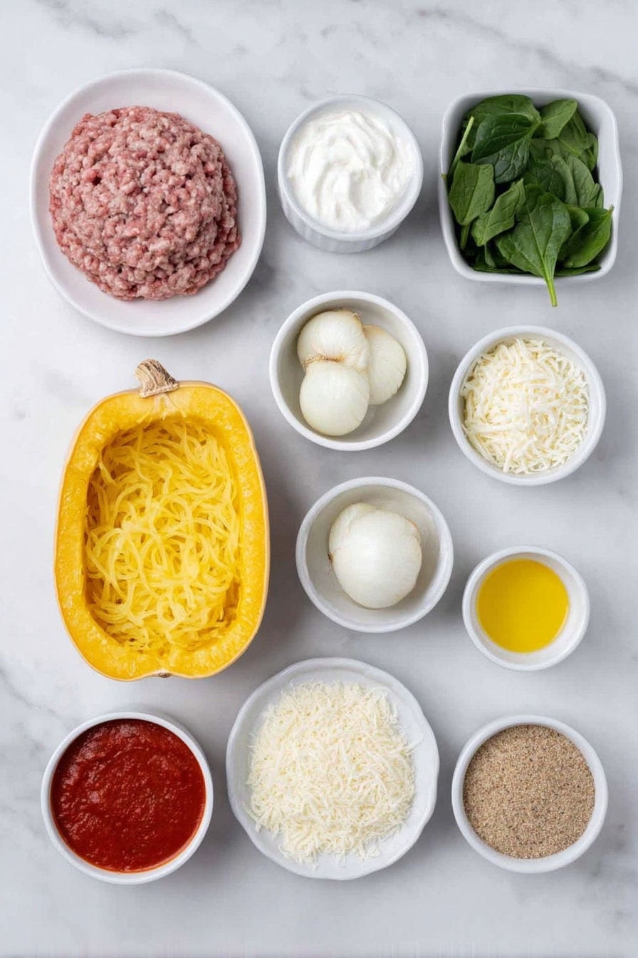Flat lay of a halved spaghetti squash with vibrant yellow strands, a small white bowl of creamy ricotta cheese, a small white bowl of grated parmesan cheese, a small white bowl of shredded mozzarella cheese, a few fresh basil leaves arranged neatly, a handful of fresh spinach leaves, a small pile of diced yellow onion, three unpeeled garlic cloves, a small white bowl of rich red tomato basil marinara sauce, a small white bowl of golden panko bread crumbs, a small white bowl with bright yellow lemon zest, a whole fresh lemon cut in half, a small white bowl of golden olive oil, a raw portion of ground turkey shaped loosely, sprinkled Italian seasoning and garlic powder visible as fine herbs and powder on the surface, all ingredients placed with perfect symmetry on simple white ceramic bowls and plates, all fresh and natural without packaging or utensils, placed on a clean white marble surface, soft natural light, photo taken with an iPhone, professional food photography style, fresh ingredients, white ceramic bowls, no bottles, no duplicates, no utensils, no packaging --ar 2:3 --v 7 --p awthu7i m7354615311229779997 - Spaghetti Squash Lasagna, healthy spaghetti squash lasagna, low-carb lasagna recipe, veggie-packed lasagna, gluten-free lasagna