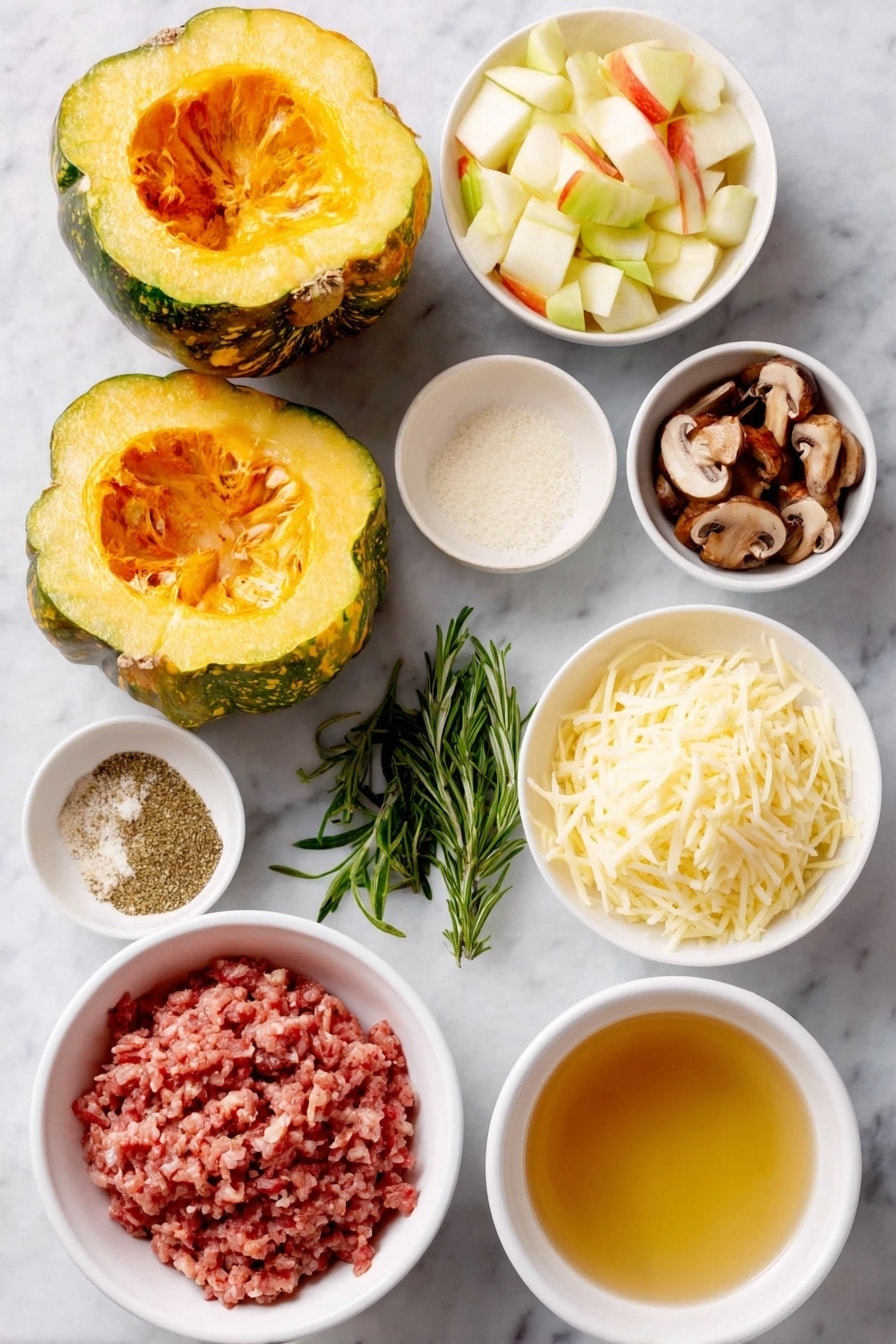 Flat lay of two halved acorn squash with bright orange flesh and green ridged skin, a small white ceramic bowl of golden olive oil, a mound of fresh ground turkey in natural pink tones, a small white bowl filled with diced baby bella mushrooms showcasing their rich brown caps and creamy stems, a small white bowl with peeled and diced honeycrisp apples showing crisp white flesh with red and yellow skin edges, a small white bowl of clear light golden chicken stock, a small bunch of finely chopped fresh rosemary sprigs with vibrant green needles, a small white bowl holding fine garlic powder in pale off-white, another small white bowl with finely ground onion powder in soft beige, a small white bowl containing black pepper in finely ground dark specks, a small white bowl with fine white salt crystals, and a neat pile of shredded cheddar cheese with pale yellow-orange strands—all arranged symmetrically and proportionally on a clean white marble surface, soft natural light, photo taken with an iPhone, professional food photography style, fresh ingredients, white ceramic bowls, no bottles, no duplicates, no utensils, no packaging --ar 2:3 --v 7 --p awthu7i m7354615311229779997 - Stuffed Acorn Squash with Turkey and Apples, healthy stuffed acorn squash recipe, easy stuffed acorn squash dinner, cozy fall squash dish, savory stuffed squash meal