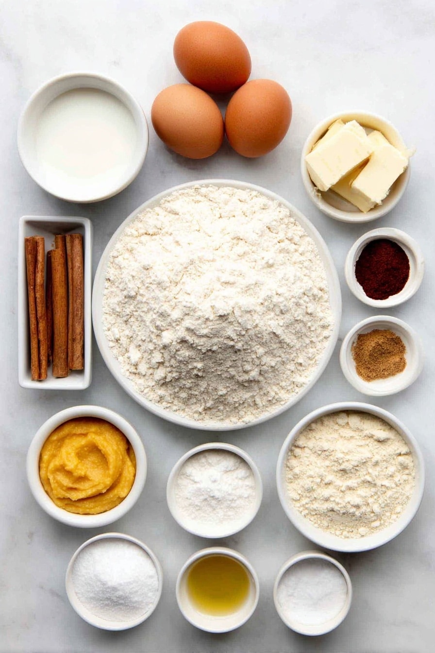 Flat lay of a small mound of all-purpose flour, a small white bowl filled with granulated sugar, a few whole brown cinnamon sticks, small white bowls containing ground ginger, ground nutmeg, ground cloves, and ground allspice, two large whole uncracked brown eggs, a small white bowl of smooth orange pumpkin puree, a small white bowl of milk, a small white bowl of golden canola oil, a small white bowl of vanilla extract, and a small white bowl with a mixture of baking soda, baking powder, and salt all arranged symmetrically in a balanced layout on a clean white marble surface, soft natural light, photo taken with an iPhone, professional food photography style, fresh ingredients, white ceramic bowls, no bottles, no duplicates, no utensils, no packaging --ar 2:3 --v 7 --p awthu7i m7354615311229779997 - Easy Moist Pumpkin Bread, fall pumpkin bread, moist pumpkin bread recipe, pumpkin bread with spices, soft pumpkin quick bread