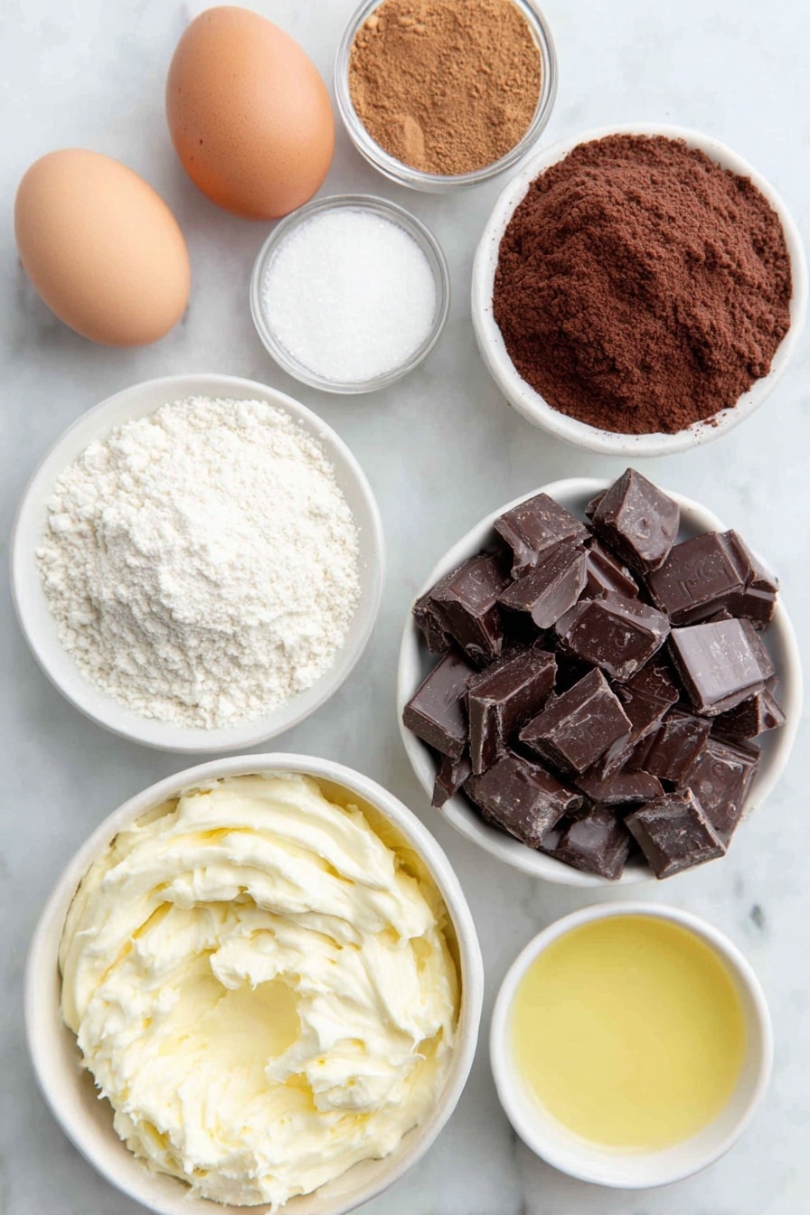 Flat lay of a few whole brown eggs with clean shells, a small white ceramic bowl of deep brown cocoa powder, a small white ceramic bowl of fine granulated sugar, a small white ceramic bowl of light beige skim milk powder, a small white ceramic bowl of smooth heavy whipping cream, a small white ceramic bowl of golden honey, a neat pile of glossy chopped semisweet dark chocolate pieces, a small white ceramic bowl of fine espresso powder, and a small white ceramic bowl of warm brown pumpkin pie spice placed on a clean white marble surface, soft natural light, photo taken with an iPhone, professional food photography style, fresh ingredients, white ceramic bowls, no bottles, no duplicates, no utensils, no packaging --ar 2:3 --v 7 --p awthu7i m7354615311229779997 - Chocolate Yule Log Cake, holiday dessert, Christmas cake recipe, chocolate cake roll, festive dessert idea