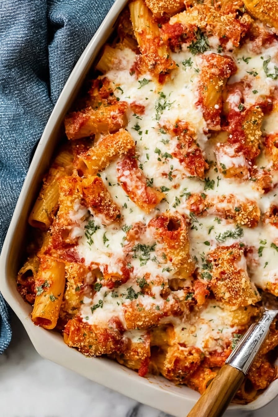 The dish shows a baking pan filled with layered pasta tubes covered in melted white cheese and red tomato sauce. The pasta tubes are golden brown with a crispy texture and are arranged closely together. There are small green herb pieces sprinkled all over the cheese and sauce, adding a fresh color contrast. The surface has an uneven texture where the cheese is melted and slightly browned on top. A silver utensil rests in the corner of the pan, and the pan is set on a white marbled surface with a blue cloth nearby. Photo taken with an iphone --ar 2:3 --v 7 - Easy Chicken Parmesan Casserole, Chicken Parmesan casserole, cheesy chicken casserole, baked chicken Parmesan, family-friendly chicken dinner