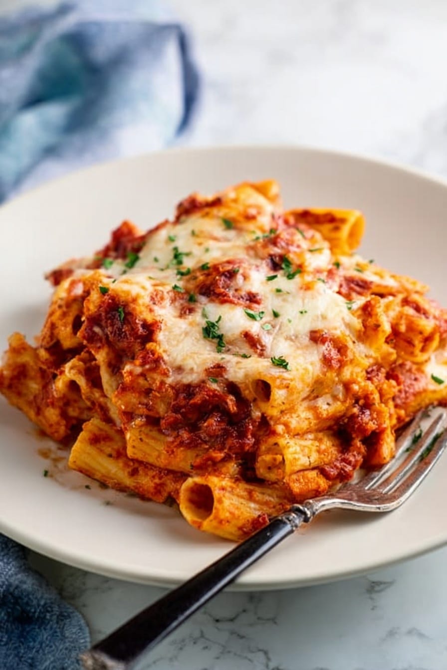 The image shows a white plate filled with rigatoni pasta layered with rich, chunky tomato sauce tinted in deep red and orange hues, mixed with a generous layer of melted cheese on top that is creamy white with slight golden-brown spots. Bits of green herbs are sprinkled across the dish, adding small specks of vibrant color. The pasta shapes are ridged, thick, and well coated with sauce and cheese. A silver fork with a black handle rests on the edge of the plate. The plate is set on a white marbled surface with a softly blurred blue and white cloth in the background. Photo taken with an iphone --ar 2:3 --v 7 - Easy Chicken Parmesan Casserole, Chicken Parmesan casserole, cheesy chicken casserole, baked chicken Parmesan, family-friendly chicken dinner