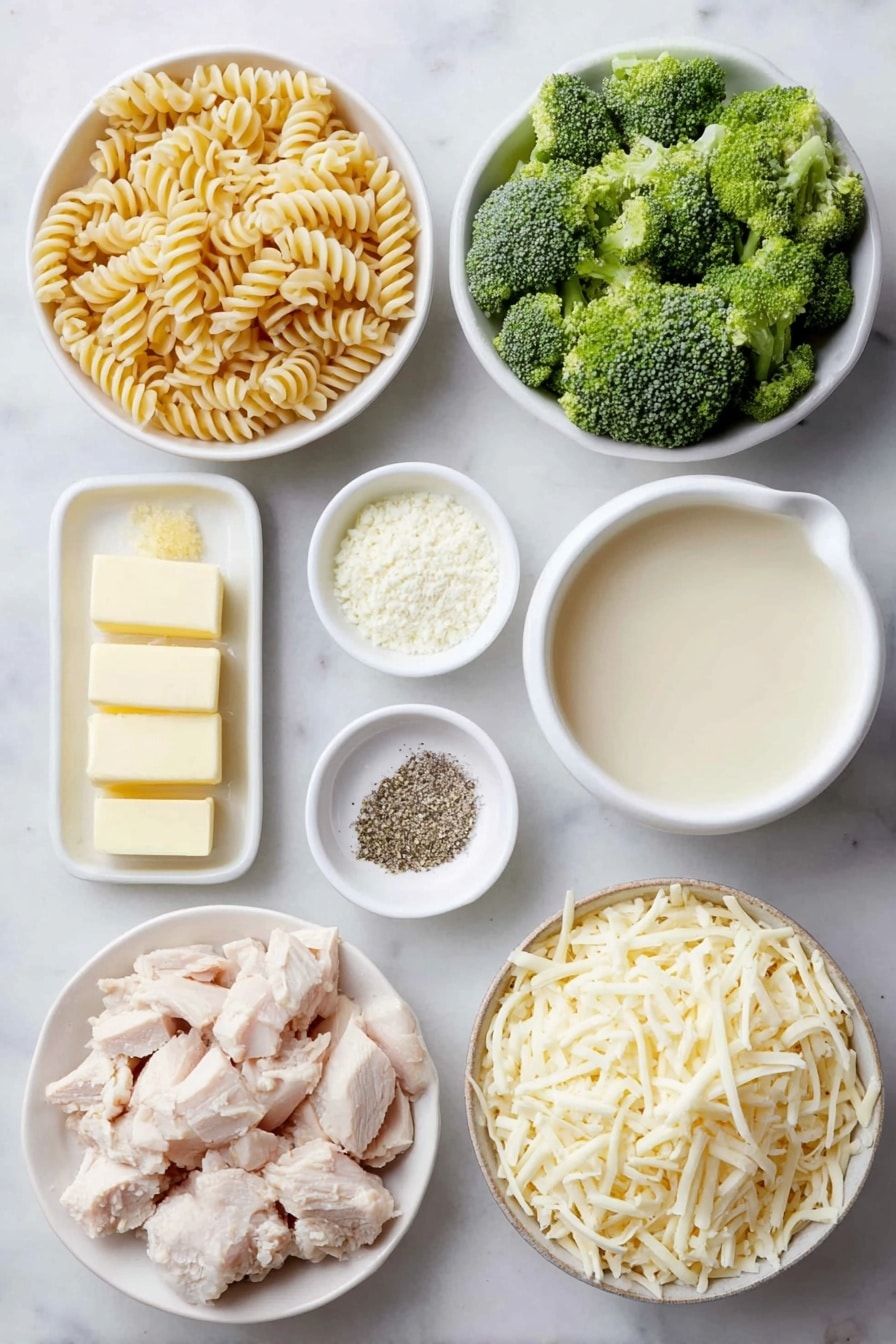 Flat lay of a small pile of uncooked rotini pasta spirals, fresh bright green broccoli florets cut into bite-size pieces, three glossy unsalted butter cubes, a small mound of finely chopped yellow onion, a small heap of all-purpose flour, a small white ceramic bowl filled with pale golden chicken broth, another small white ceramic bowl holding creamy whole milk, a tiny white ceramic bowl with mixed Italian seasoning herbs, a separate tiny white ceramic bowl containing fine garlic powder, a small white ceramic bowl with coarse salt crystals, another small white ceramic bowl with ground black pepper, bite-size pieces of cooked chicken breast arranged naturally, and a neat pile of shredded sharp cheddar cheese, all arranged symmetrically and balanced on a clean white marble surface, soft natural light, photo taken with an iPhone, professional food photography style, fresh ingredients, white ceramic bowls, no bottles, no duplicates, no utensils, no packaging --ar 2:3 --v 7 --p awthu7i m7354615311229779997 - Easy Chicken Noodle Casserole, chicken noodle casserole, cheesy chicken casserole, creamy chicken noodle bake, simple chicken casserole