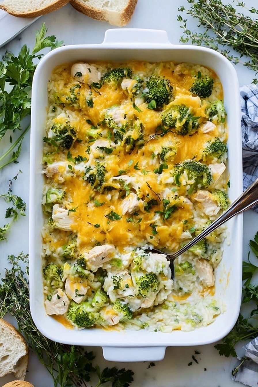 A white rectangular baking dish filled with a layered casserole. The bottom layer is creamy rice mixed with small chunks of pale cooked chicken. On top of that are bright green pieces of broccoli spread evenly. The top layer is melted yellow cheese, slightly browned in some spots, covering the broccoli and chicken. A silver serving spoon rests inside the dish, partially scooping out some casserole, showing the layers beneath. The dish sits on a white marbled surface, surrounded by fresh green herbs and pieces of white bread. Photo taken with an iphone --ar 2:3 --v 7 - Easy Chicken Broccoli Rice Casserole, chicken broccoli rice bake, easy dinner recipes, weeknight casserole, cheesy chicken rice dish