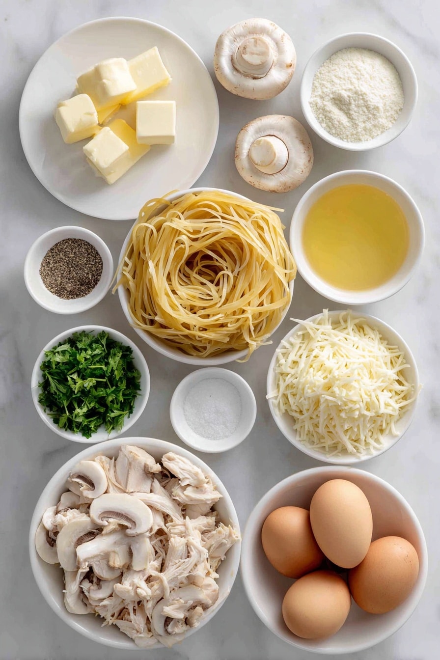 Flat lay of fresh linguine pasta nest, shredded rotisserie chicken chunks, thickly sliced white button mushrooms, finely chopped medium onion mound, four peeled garlic cloves, two tablespoons golden olive oil in a small white ceramic bowl, four tablespoons unsalted butter cubes on a white plate, small white bowl of all-purpose flour powder, small white bowl of clear low-sodium chicken broth, small white bowl with fresh lemon juice, small white bowl holding creamy half and half, small white bowl of coarse sea salt crystals, small white bowl with freshly ground black pepper, small white bowl of chopped bright green parsley, small white bowl heaped with shredded white mozzarella cheese, whole uncracked brown eggs arranged symmetrically, all ingredients placed on a clean white marble surface, soft natural light, photo taken with an iPhone, professional food photography style, fresh ingredients, white ceramic bowls, no bottles, no duplicates, no utensils, no packaging --ar 2:3 --v 7 --p awthu7i m7354615311229779997 - Creamy Chicken Tetrazzini Bake, easy chicken casserole, cheesy pasta bake, weeknight dinner ideas, comforting chicken bake