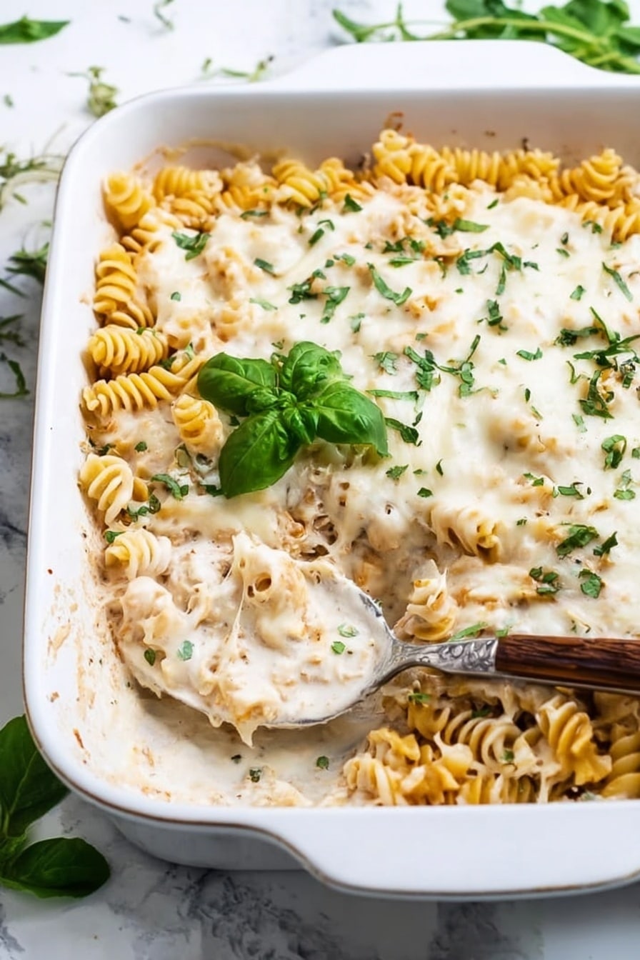 The dish is a pasta bake served in a white rectangular baking dish. The top layer is melted white cheese sprinkled with chopped green herbs. Underneath, yellow spiral pasta is mixed with a creamy sauce that looks smooth and light in color. The pasta layer is thick and fills most of the dish. A silver spoon with a wooden handle is scooping a portion from the right side, showing the creamy sauce and pasta inside. A small green basil leaf sits on top for decoration. The background is a white marbled surface with some green leaves scattered around. Photo taken with an iphone --ar 2:3 --v 7 - Easy Chicken Alfredo Casserole, creamy chicken pasta bake, cheesy chicken casserole, easy weeknight dinner recipes, one-dish chicken casserole