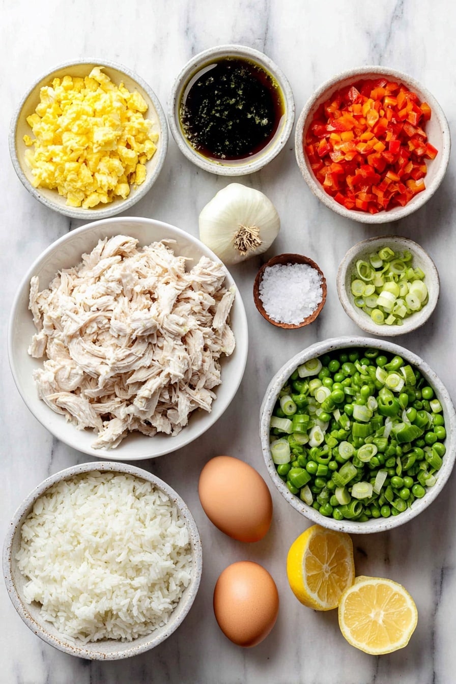 Flat lay of a small white ceramic bowl of neutral avocado oil, a peeled and diced yellow onion, a finely chopped red bell pepper, two peeled garlic cloves, a small white bowl of fresh green frozen peas, a small pile of cooked shredded white chicken meat, a small white bowl of sesame oil, a neat mound of boiled and cooled long-grain rice, two whole uncracked brown eggs, a small white bowl of dark soy sauce, a small pinch of salt beside the bowls, half a fresh lemon cut with visible juice, and a small bunch of chopped spring onions arranged symmetrically, placed on a clean white marble surface, soft natural light, photo taken with an iPhone, professional food photography style, fresh ingredients, white ceramic bowls, no bottles, no duplicates, no utensils, no packaging --ar 2:3 --v 7 --p awthu7i m7354615311229779997 - Quick Chicken Fried Rice, chicken fried rice, easy fried rice recipe, quick dinner ideas, homemade Asian fried rice