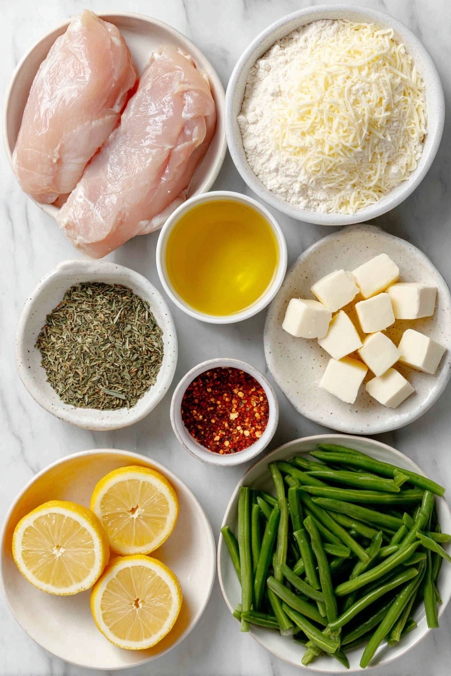 Flat lay of a small mound of pale all-purpose flour in a simple white ceramic bowl, a small white bowl filled with finely grated pale yellow parmesan cheese, a small white bowl holding golden olive oil, a few sprigs of dried Italian seasoning herbs, two whole boneless, skinless raw chicken breasts with a pale pink hue, a whole fresh lemon sliced into thin rounds arranged neatly on a white ceramic plate, a small white bowl containing bright yellow lemon juice, four plump peeled garlic cloves and four minced garlic pieces in a separate small white bowl, a pinch of vibrant red pepper flakes in a tiny white bowl, four small cubes of cold butter with a creamy pale yellow color on a white ceramic dish, and fresh green beans cut into one-inch pieces scattered neatly on a plain white ceramic plate—all ingredients fresh and natural, no packaging or utensils, perfect symmetry and balanced layout, placed on a clean white marble surface, soft natural light, photo taken with an iPhone, professional food photography style, fresh ingredients, white ceramic bowls, no bottles, no duplicates, no utensils, no packaging --ar 2:3 --v 7 --p awthu7i m7354615311229779997 - Garlic Lemon Butter Chicken Skillet, easy chicken skillet recipe, one-pan chicken dinner, lemon garlic chicken, healthy chicken recipes