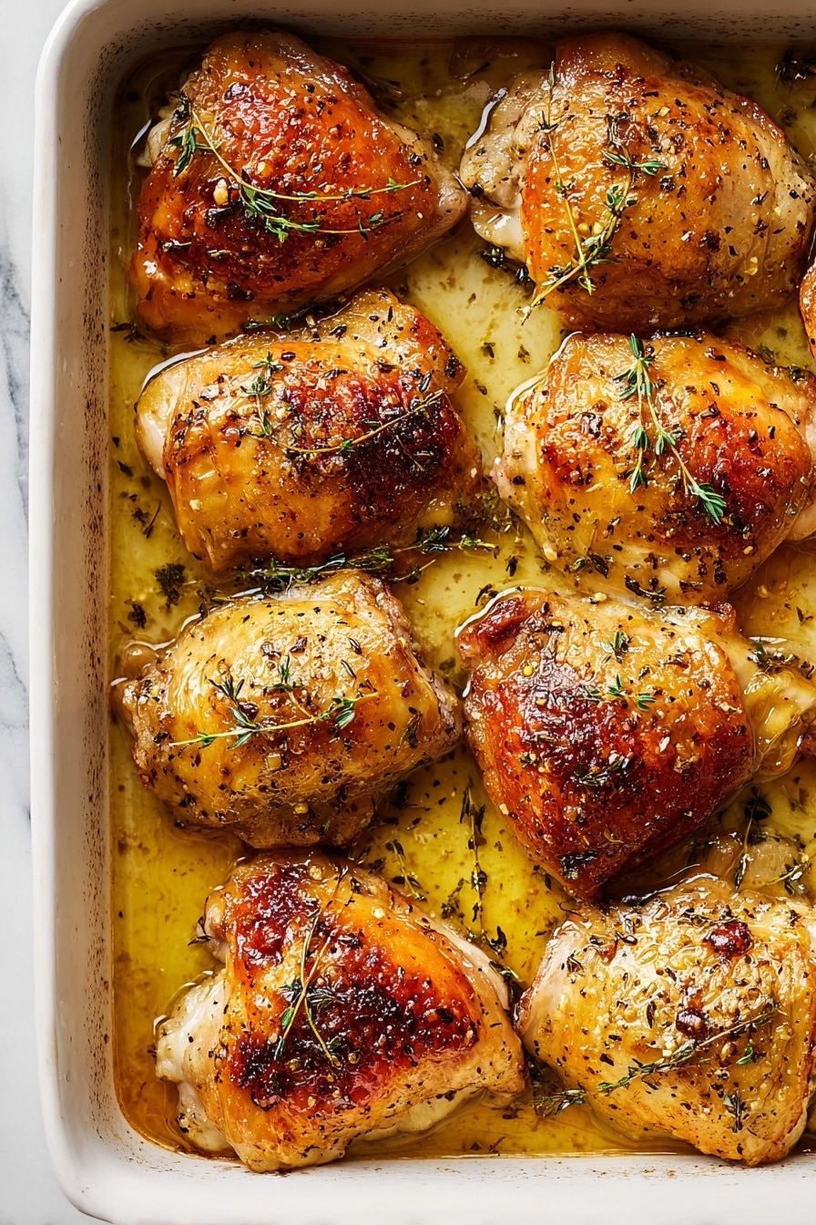 A white baking dish filled with eight pieces of cooked chicken thighs, arranged in two close rows. Each chicken thigh has golden brown, crispy skin with visible herbs and small green sprigs of thyme scattered on top and in the cooking juices. The surface of the chicken looks shiny and moist with a slightly caramelized texture and some black pepper specks. The dish sits on a white marbled surface. Photo taken with an iphone --ar 2:3 --v 7 - Honey Mustard Chicken Thighs, easy chicken thigh recipes, juicy baked chicken, flavorful weeknight dinner, chicken breast and thigh dishes